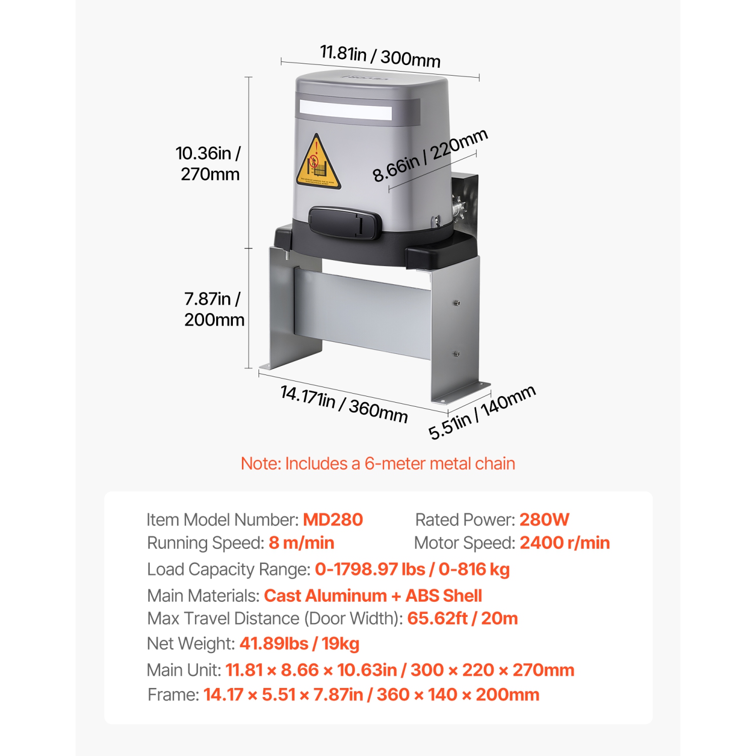 Ouvre-barrière solaire VEVOR 280&nbsp;W, ouvre-barrière électrique pour portes jusqu'à 65.6&nbsp;pi 1799&nbsp;lb, moteur de porte coulissante à
