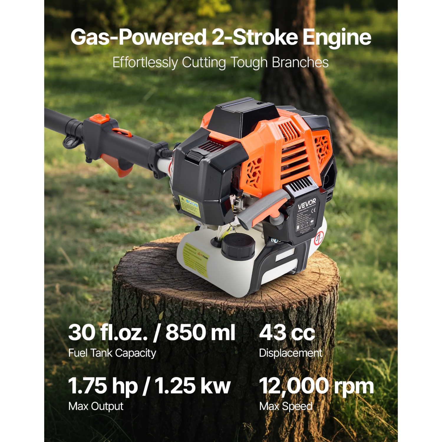 VEVOR 43CC Gas Pole Saw, 2 Stroke Gas Powered Pole Saws with 10 in Cutting Bar, Cordless Tree Trimmer with Rotatable Head, 6.9 to 11.8 ft Extendable,