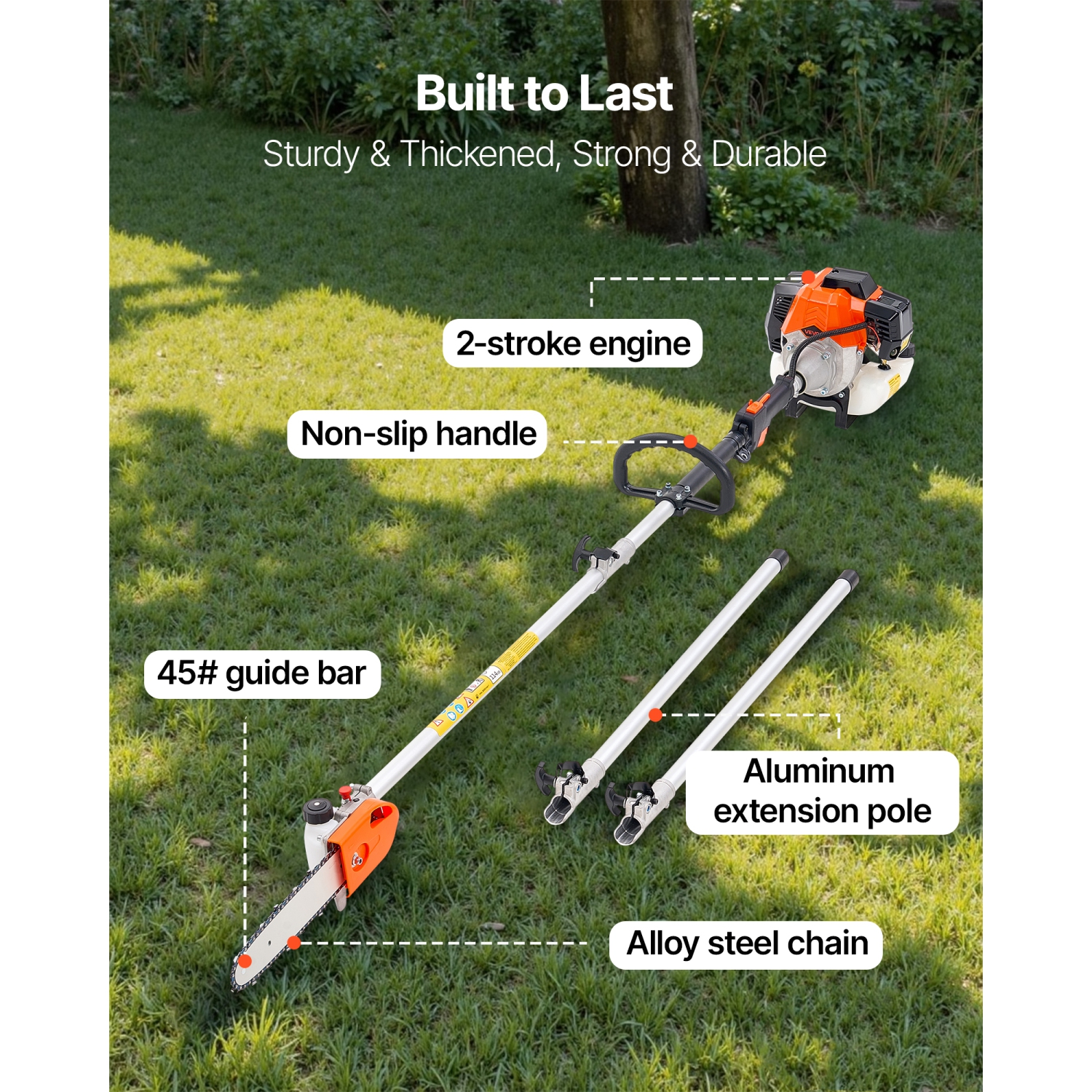 VEVOR 43CC Gas Pole Saw, 2 Stroke Gas Powered Pole Saws with 10 in Cutting Bar, Cordless Tree Trimmer with Rotatable Head, 6.9 to 11.8 ft Extendable,