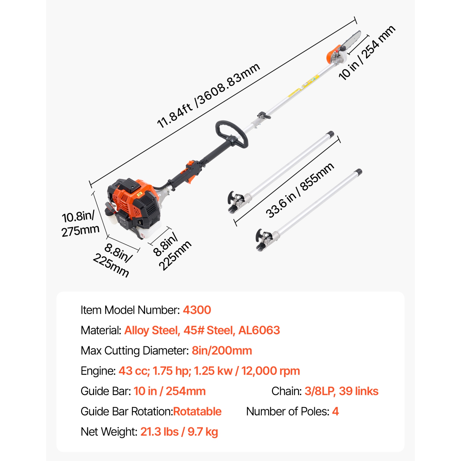 VEVOR 43CC Gas Pole Saw, 2 Stroke Gas Powered Pole Saws with 10 in Cutting Bar, Cordless Tree Trimmer with Rotatable Head, 6.9 to 11.8 ft Extendable,