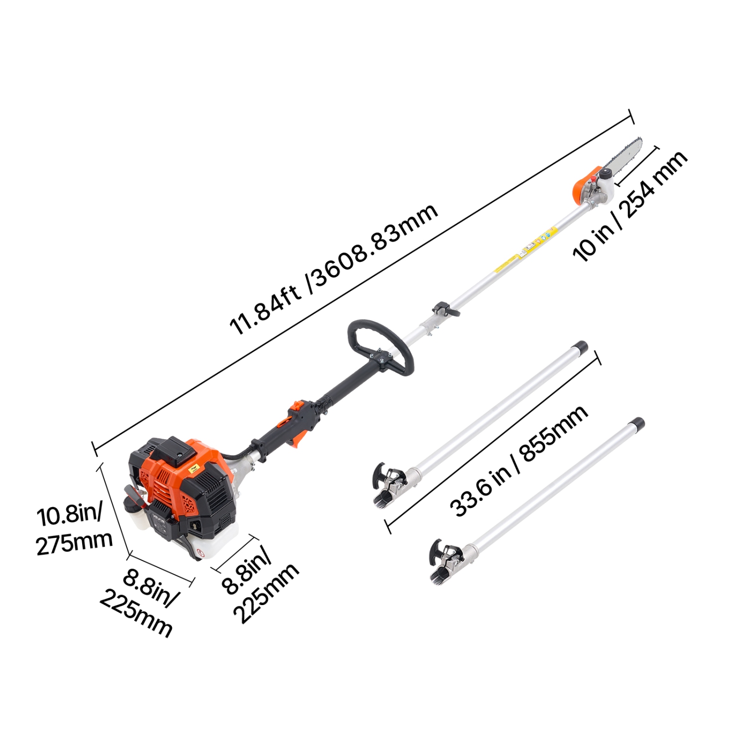 VEVOR 43CC Gas Pole Saw, 2 Stroke Gas Powered Pole Saws with 10 in Cutting Bar, Cordless Tree Trimmer with Rotatable Head, 6.9 to 11.8 ft Extendable,