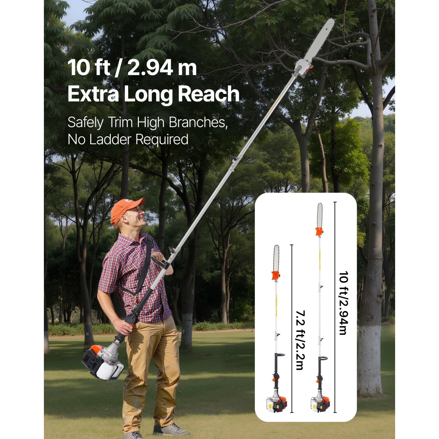 Scie à essence VEVOR 52CC, scie à mât à essence à 2 temps avec barre de coupe de 14&nbsp;po, taille-arbre sans fil avec réservoir de carburant de 30