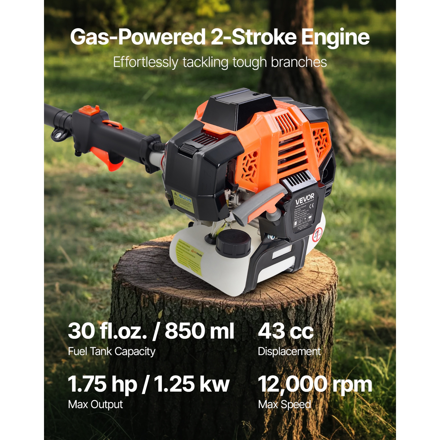 VEVOR 43CC Gas Pole Saw, 2 Stroke Gas Powered Pole Saws with 10 in Cutting Bar, Cordless Tree Trimmer with 30 fl.oz Fuel Tank, 6.8 to 11.7 ft