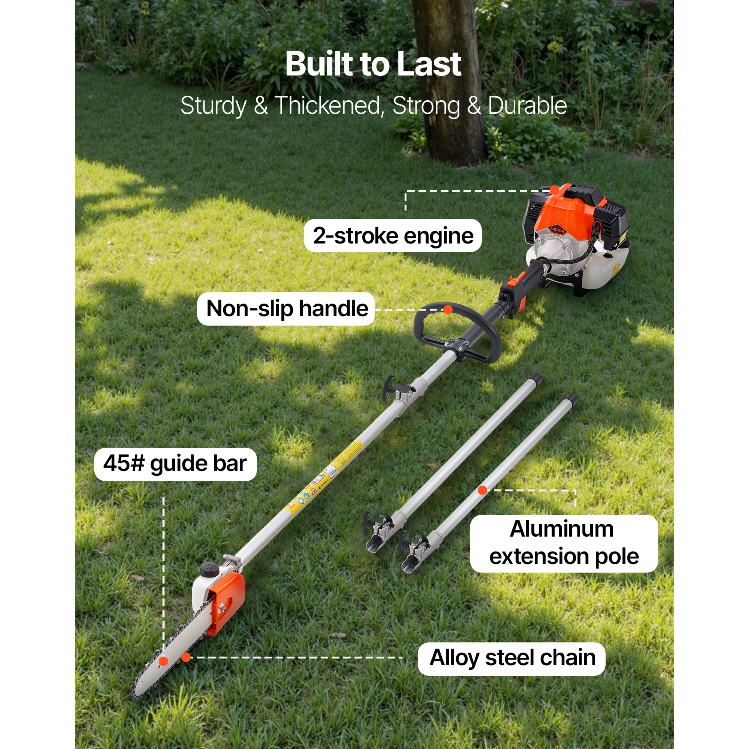 VEVOR 43CC Gas Pole Saw, 2 Stroke Gas Powered Pole Saws with 10 in Cutting Bar, Cordless Tree Trimmer with 30 fl.oz Fuel Tank, 6.8 to 11.7 ft