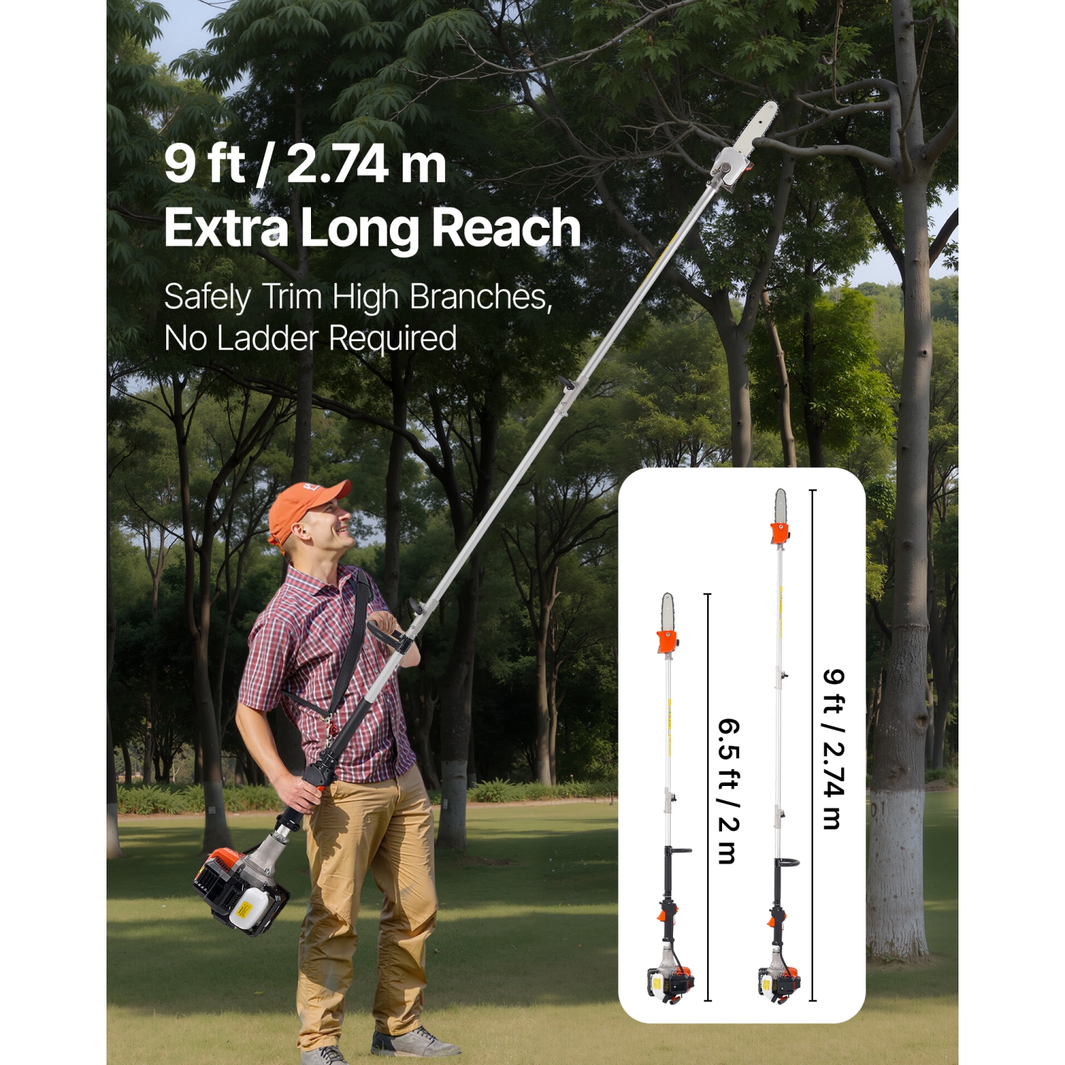 VEVOR 25CC 2 Stroke Gas Pole Saw, Gas Powered Pole Saws with 8 in Cutting Bar, Cordless Tree Trimmer with 23 fl.oz Fuel Tank, 6.5 to 9 ft Extendable,