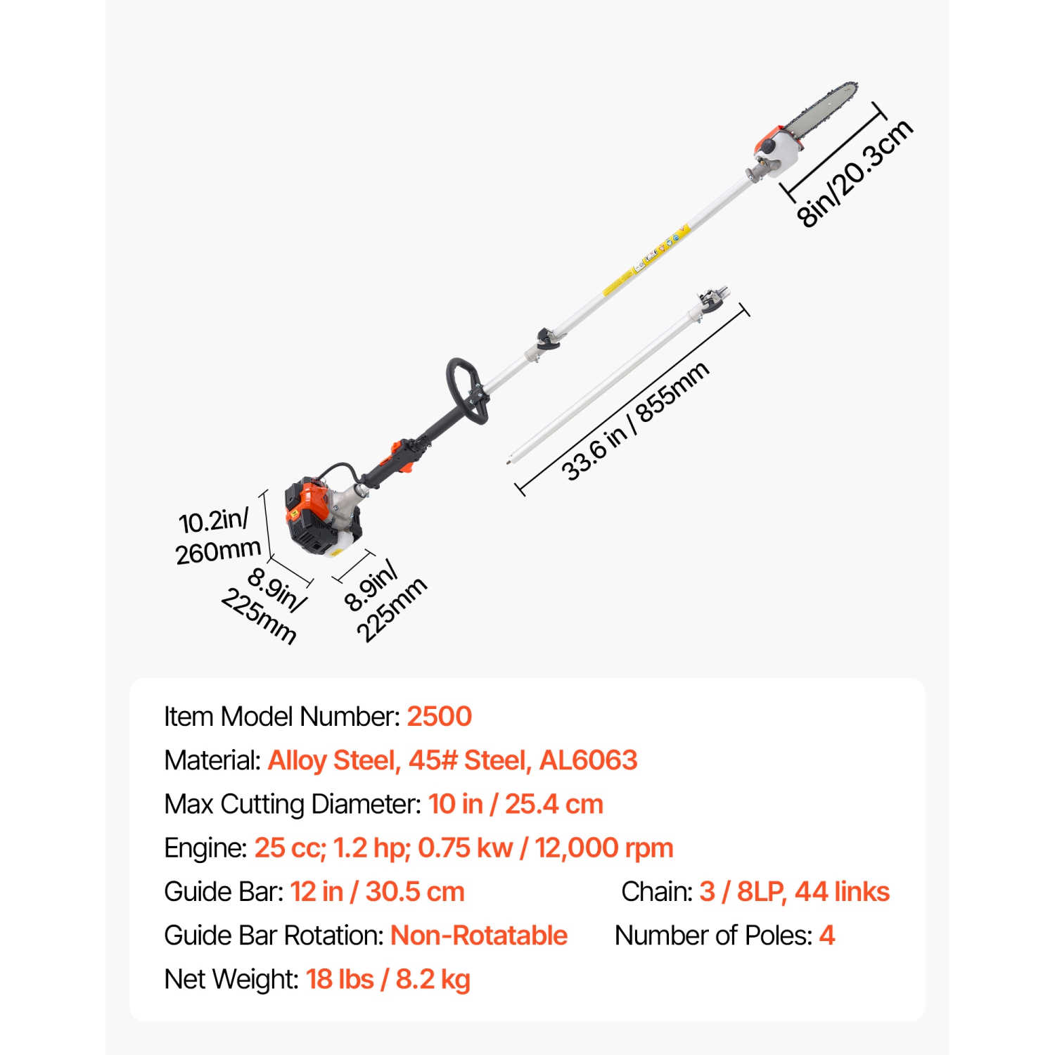 VEVOR 25CC 2 Stroke Gas Pole Saw, Gas Powered Pole Saws with 8 in Cutting Bar, Cordless Tree Trimmer with 23 fl.oz Fuel Tank, 6.5 to 9 ft Extendable,