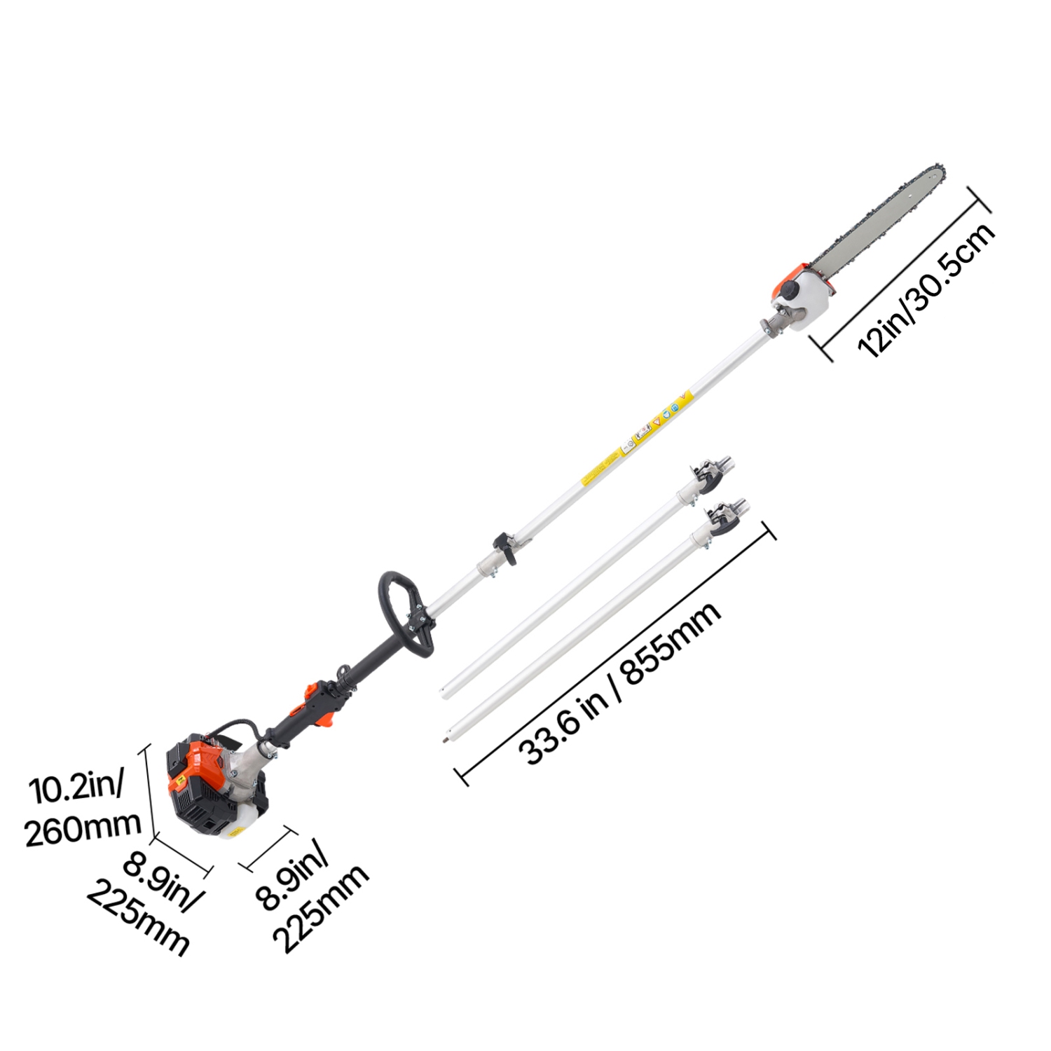VEVOR 25CC 2 Stroke Gas Pole Saw, Gas Powered Pole Saws with 12 in Cutting Bar, Cordless Tree Trimmer with 23 fl.oz Fuel Tank, 7 to 12 ft Extendable,
