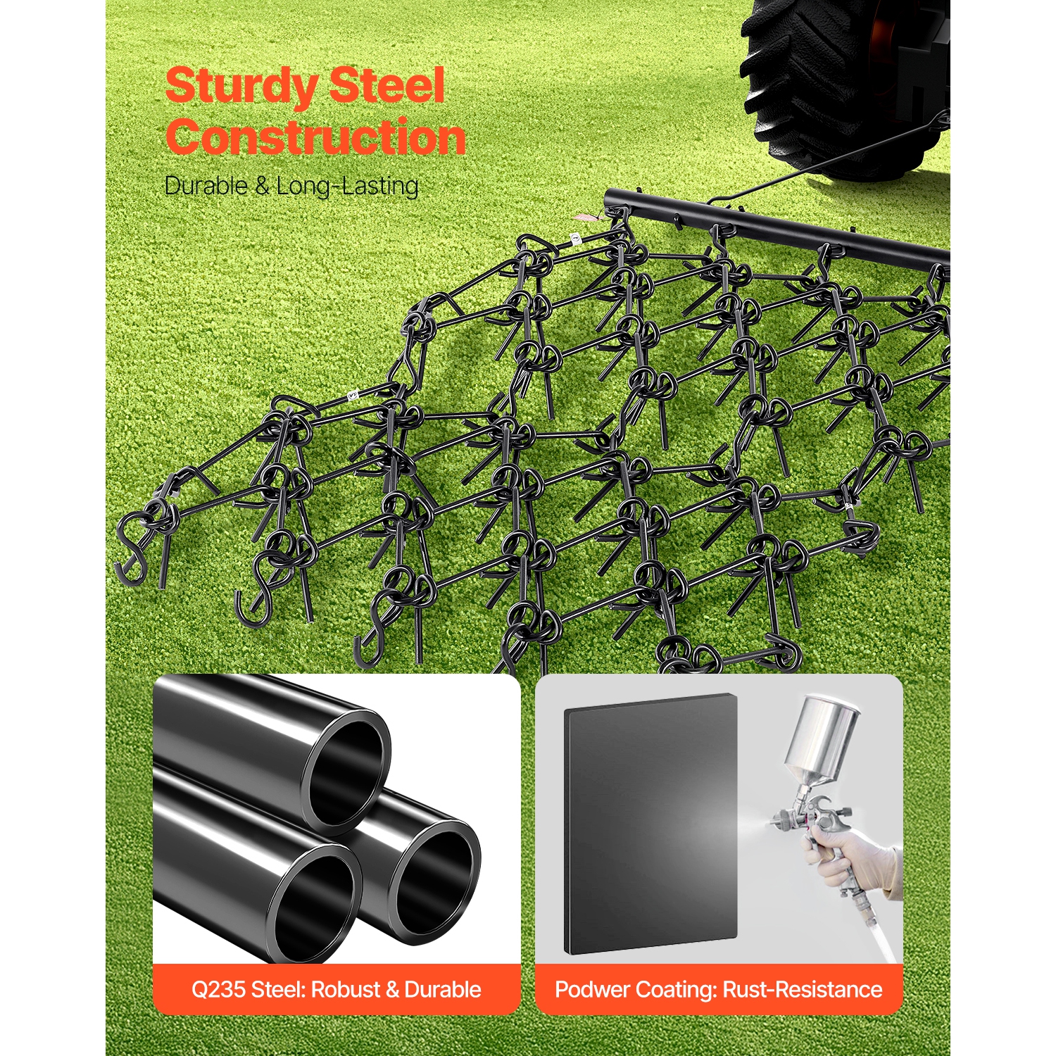 VEVOR 4 x 4 ft Drag Harrow, Durable Chain Harrow with 69 Sharp Teeth, Suitable for ATV UTV Tractor, Ideal for Soil Preparation, Seeding, and Yard