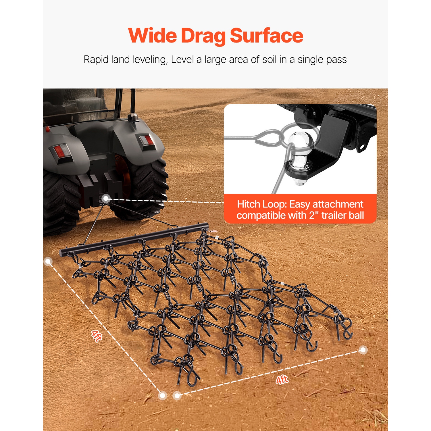 VEVOR 4 x 4 ft Drag Harrow, Durable Chain Harrow with 69 Sharp Teeth, Suitable for ATV UTV Tractor, Ideal for Soil Preparation, Seeding, and Yard