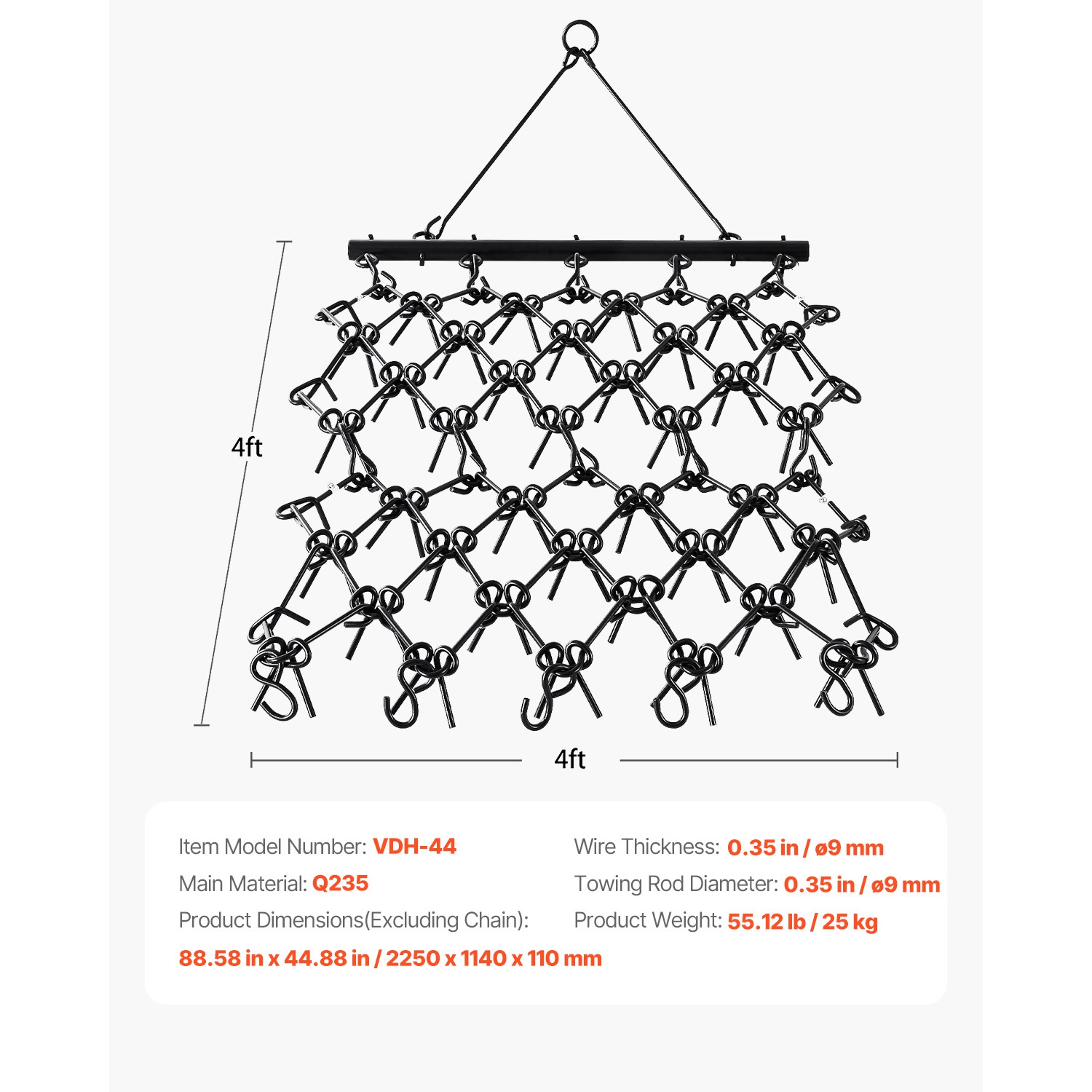 VEVOR 4 x 4 ft Drag Harrow, Durable Chain Harrow with 69 Sharp Teeth, Suitable for ATV UTV Tractor, Ideal for Soil Preparation, Seeding, and Yard