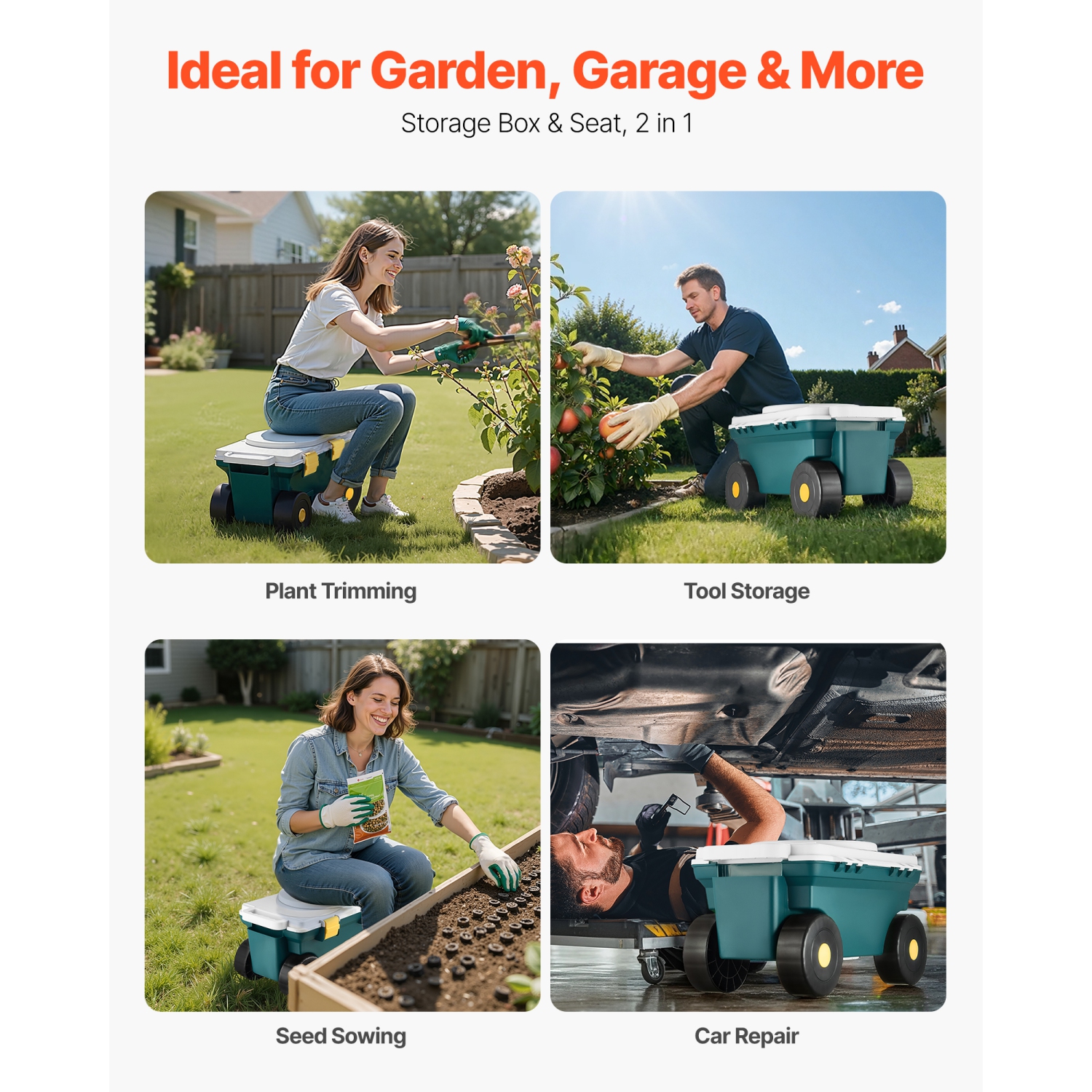 VEVOR 2 in 1 Garden Scooter with Seat, Rolling Garden Cart with Storage Bin, Supports up to 227 lbs, Outdoor Wagon with Handle, Lightweight Storage