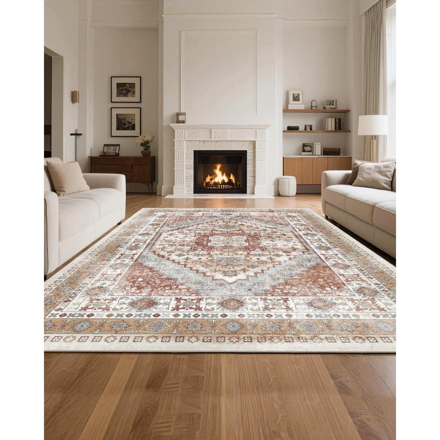 VEVOR 8 x 10 ft Area Rug, Large Washable Rug, Non-Slip and Tear-Resistant Soft Carpet, Pet & Child Friendly Vintage Area Rugs, Indoor Mat for