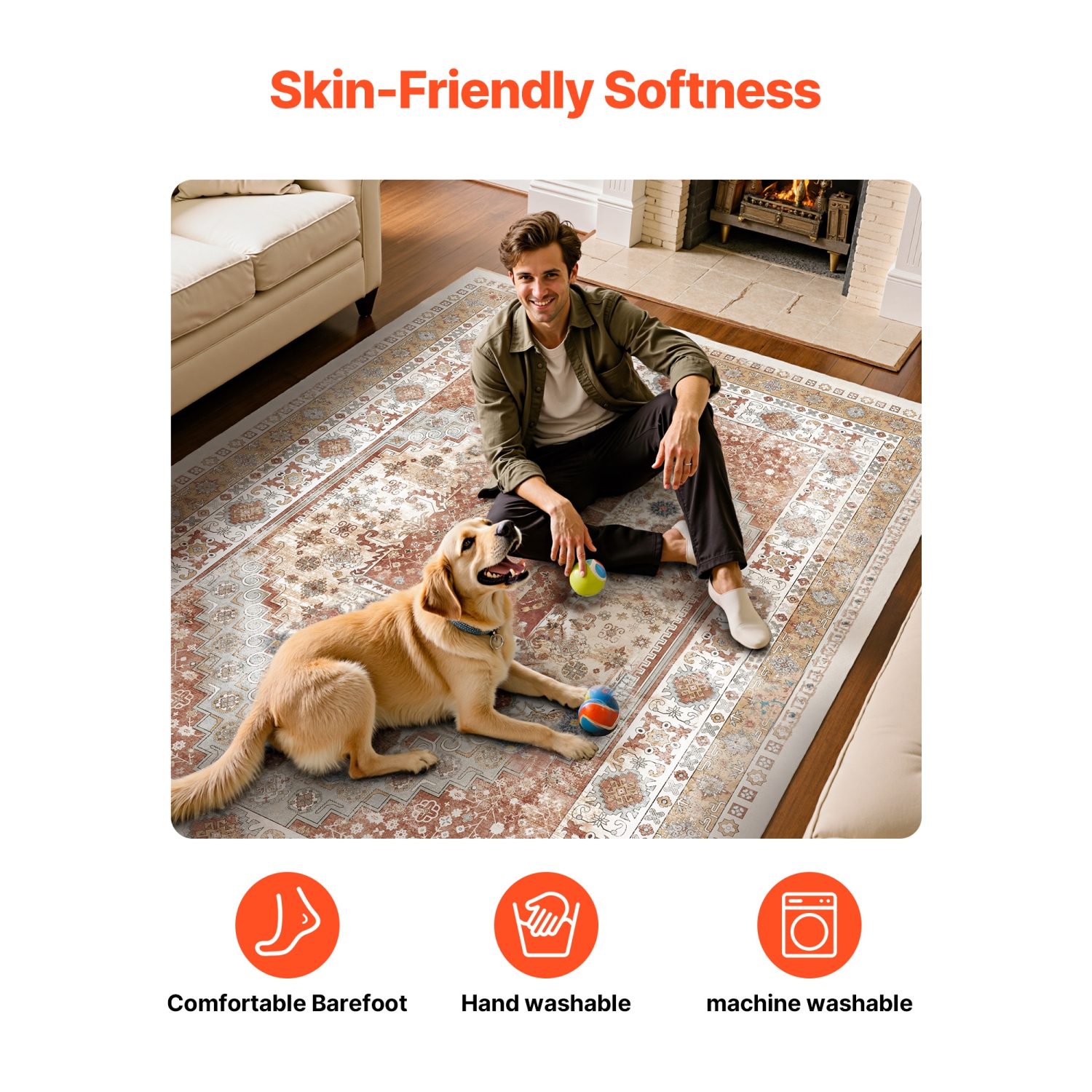 VEVOR 8 x 10 ft Area Rug, Large Washable Rug, Non-Slip and Tear-Resistant Soft Carpet, Pet & Child Friendly Vintage Area Rugs, Indoor Mat for