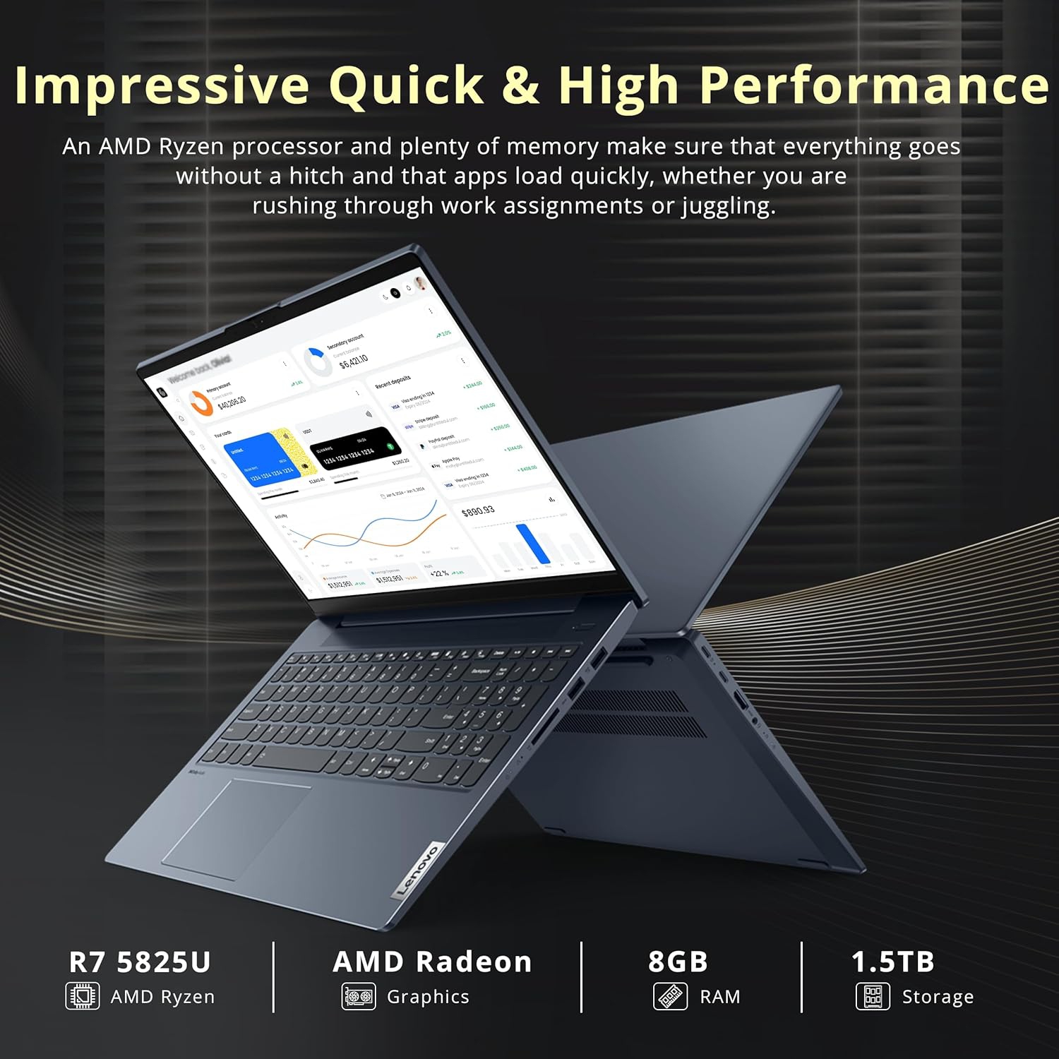 Lenovo IdeaPad 5 15.6 FHD Laptop, AMD Ryzen 7 5825U, 1.5TB Storage(512GB SSD + 1TB Docking Station Set),8GB DDR4 RAM, AMD Radeon Graphics, Backlit