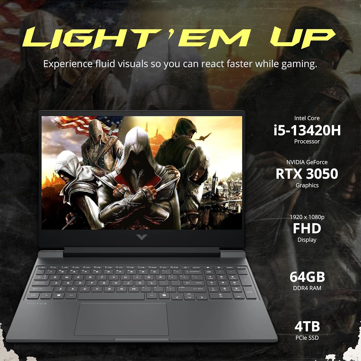 HP Victus 15.6" FHD IPS 144Hz Gaming Laptop, Intel i5-13420H, 4TB PCIe SSD, 64GB RAM, NVIDIA GeForce RTX 3050, Keyboard Backlit, Win 11 Pro, Mica