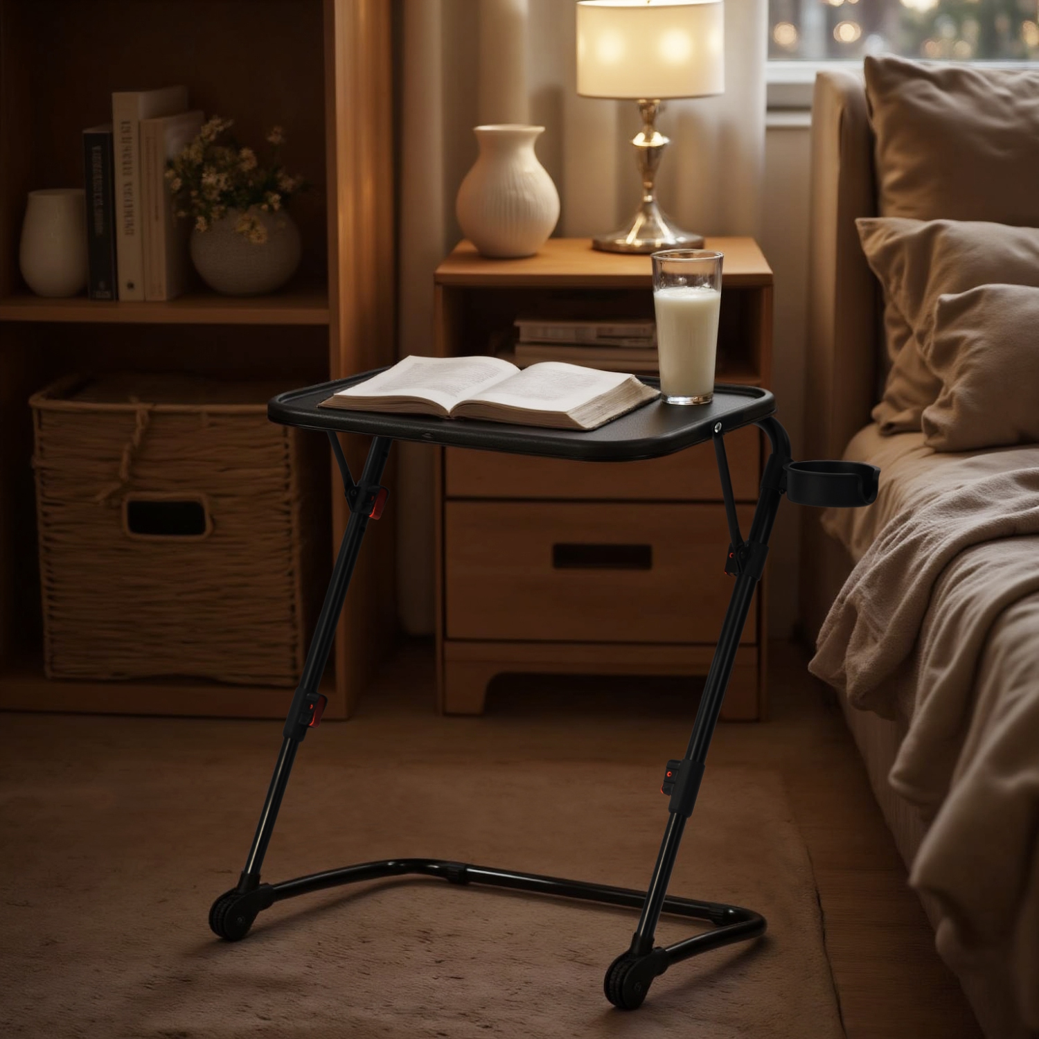 Homy Casa Black Folding Night Table with Adjustable Height and Cup Holder