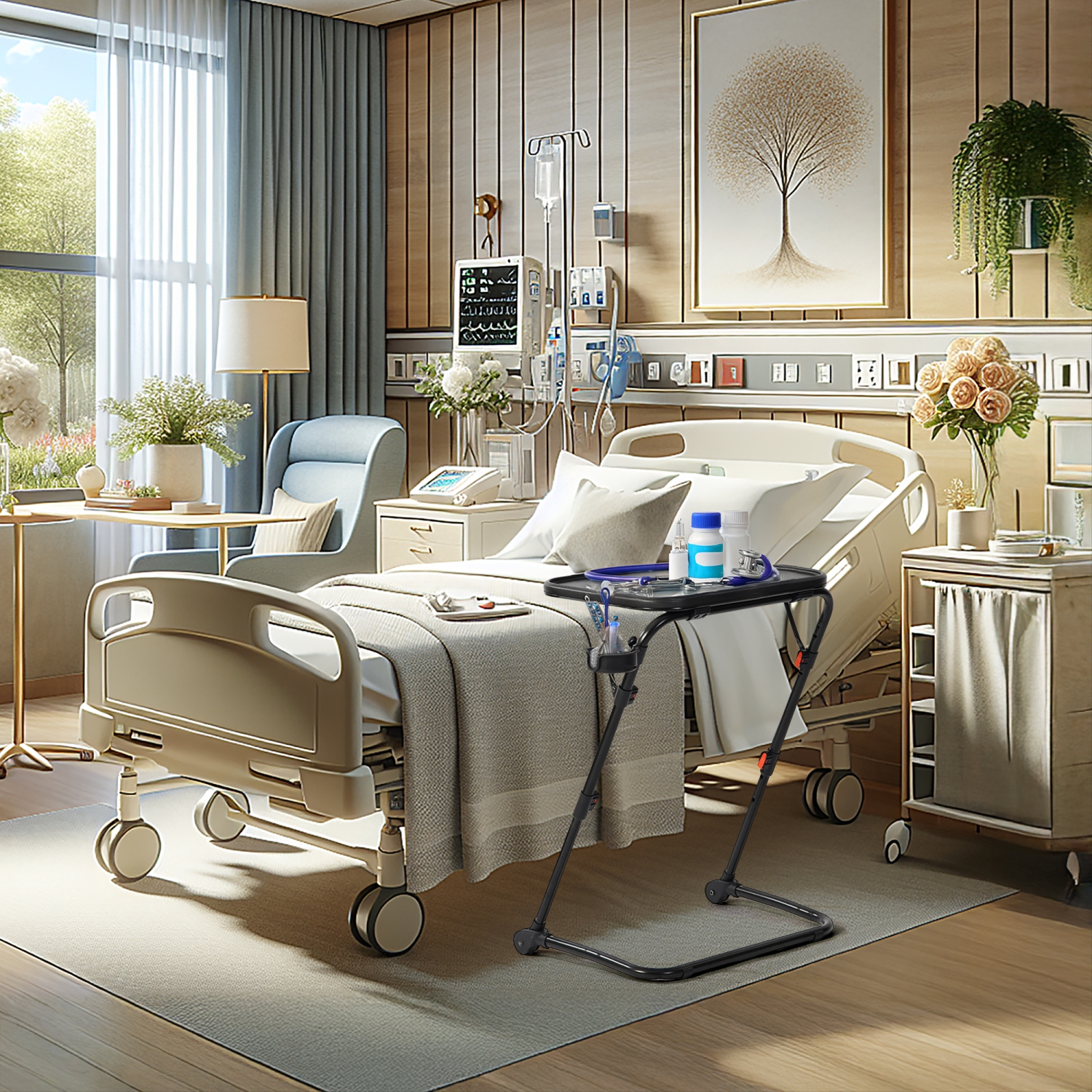 Homy Casa Black Folding Night Table with Adjustable Height and Cup Holder