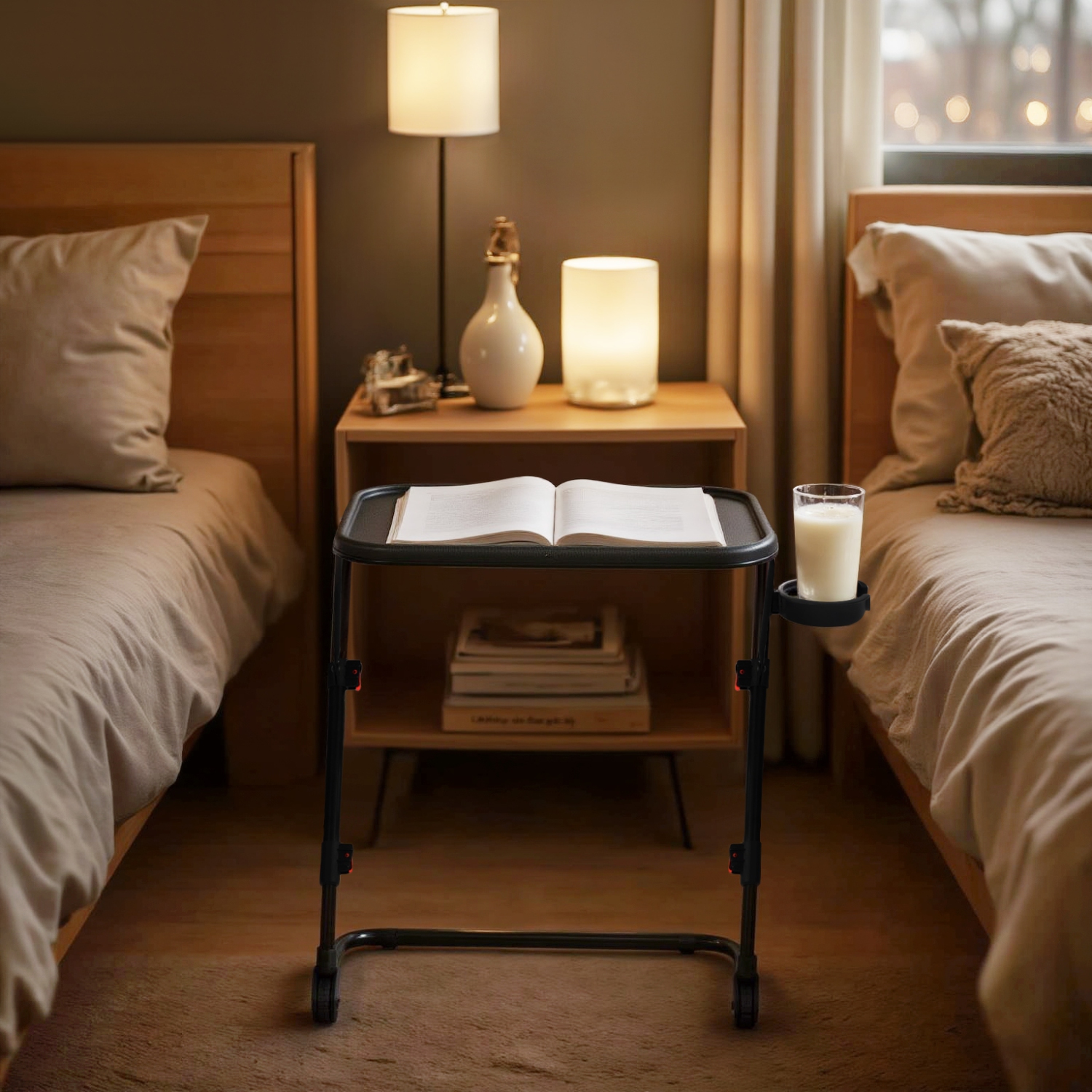 Homy Casa Black Folding Night Table with Adjustable Height and Cup Holder