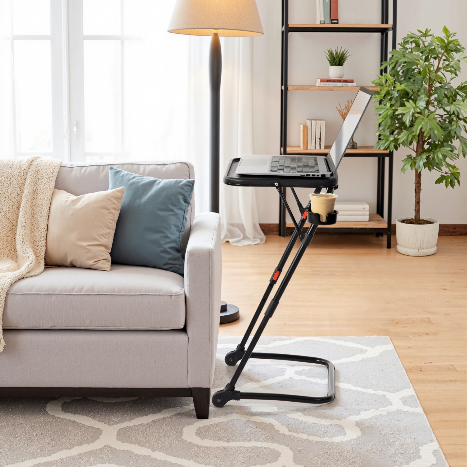 Homy Casa Black Folding Night Table with Adjustable Height and Cup Holder