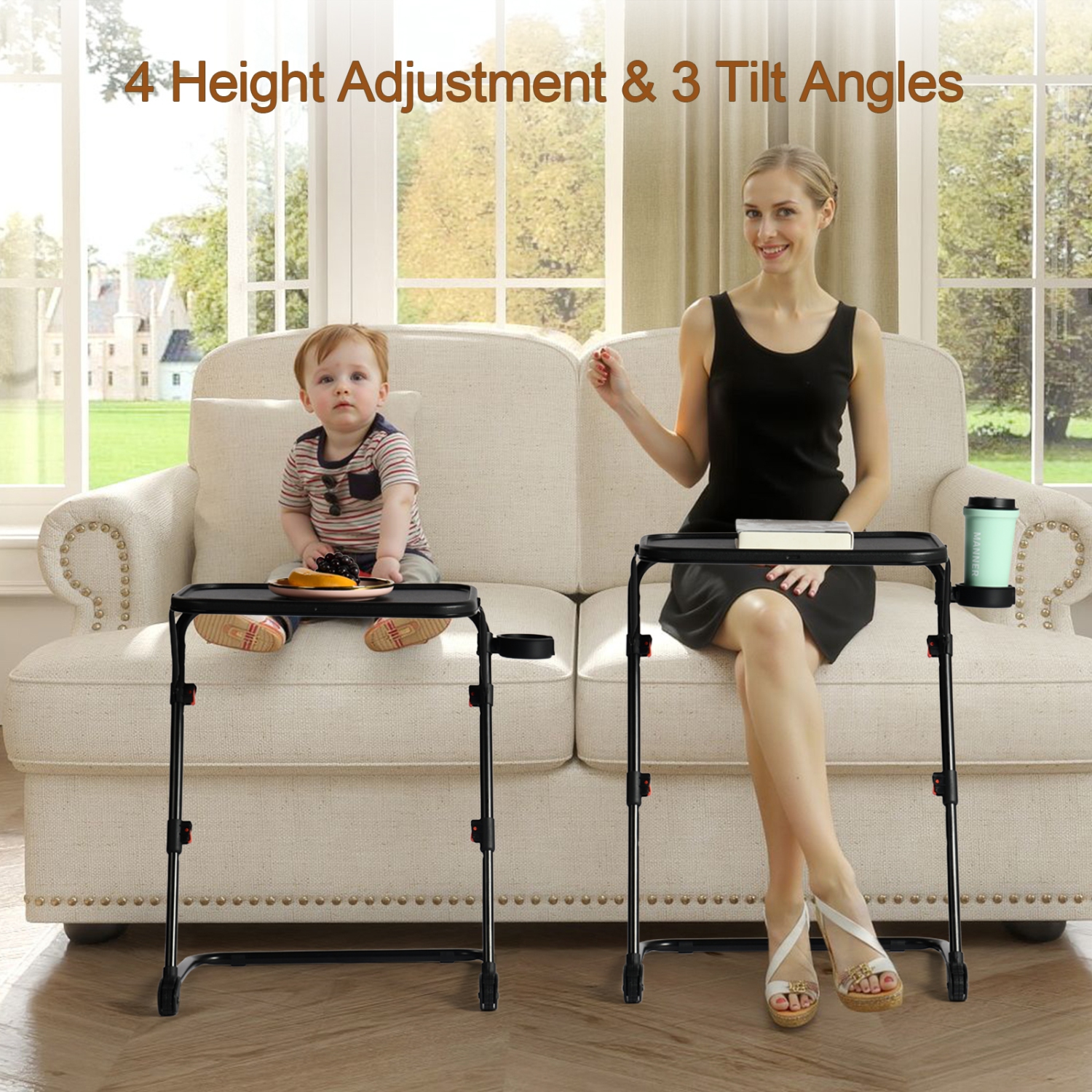 Homy Casa Black Folding Night Table with Adjustable Height and Cup Holder