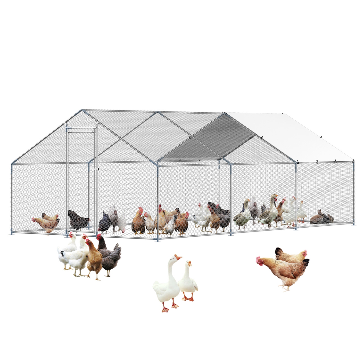 VEVOR 9.8x19.6x6.5 ft Metal Chicken Coop, Large Walk-in Chicken Runs with Cover, Spire Roof Hen House Enclosure with Security Lock, Outdoor Duck