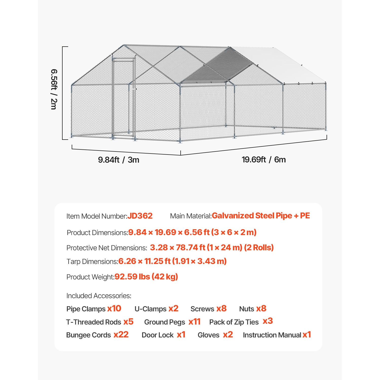 VEVOR 9.8x19.6x6.5 ft Metal Chicken Coop, Large Walk-in Chicken Runs with Cover, Spire Roof Hen House Enclosure with Security Lock, Outdoor Duck