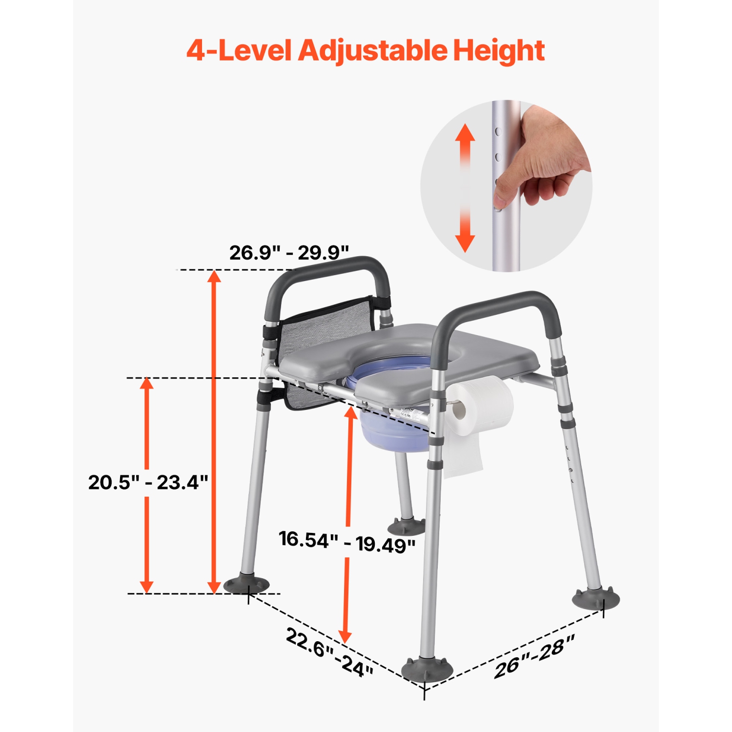 VEVOR 500 lbs Capacity Bedside Commode Chair, 4-in-1 Portable Toilet and Raised Toilet Seat with Padded Seat & Armrest, Detachable 5L Bucket,