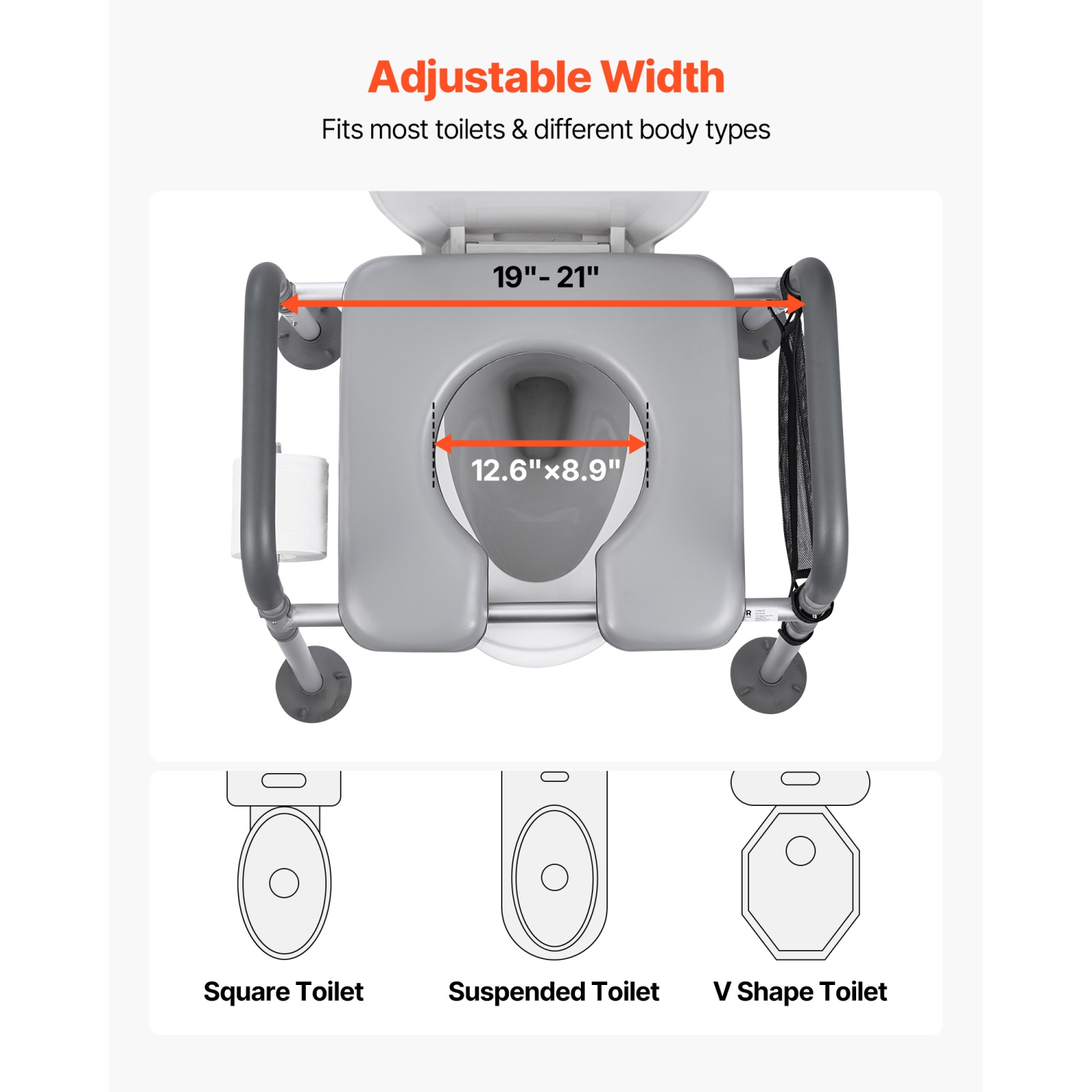VEVOR 500 lbs Capacity Bedside Commode Chair, 4-in-1 Portable Toilet and Raised Toilet Seat with Padded Seat & Armrest, Detachable 5L Bucket,
