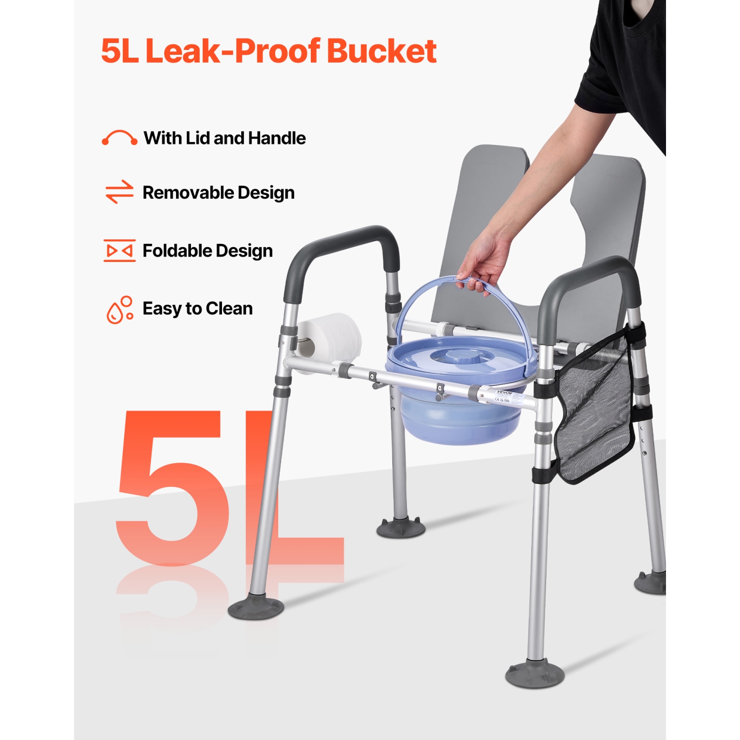 VEVOR 500 lbs Capacity Bedside Commode Chair, 4-in-1 Portable Toilet and Raised Toilet Seat with Padded Seat & Armrest, Detachable 5L Bucket,