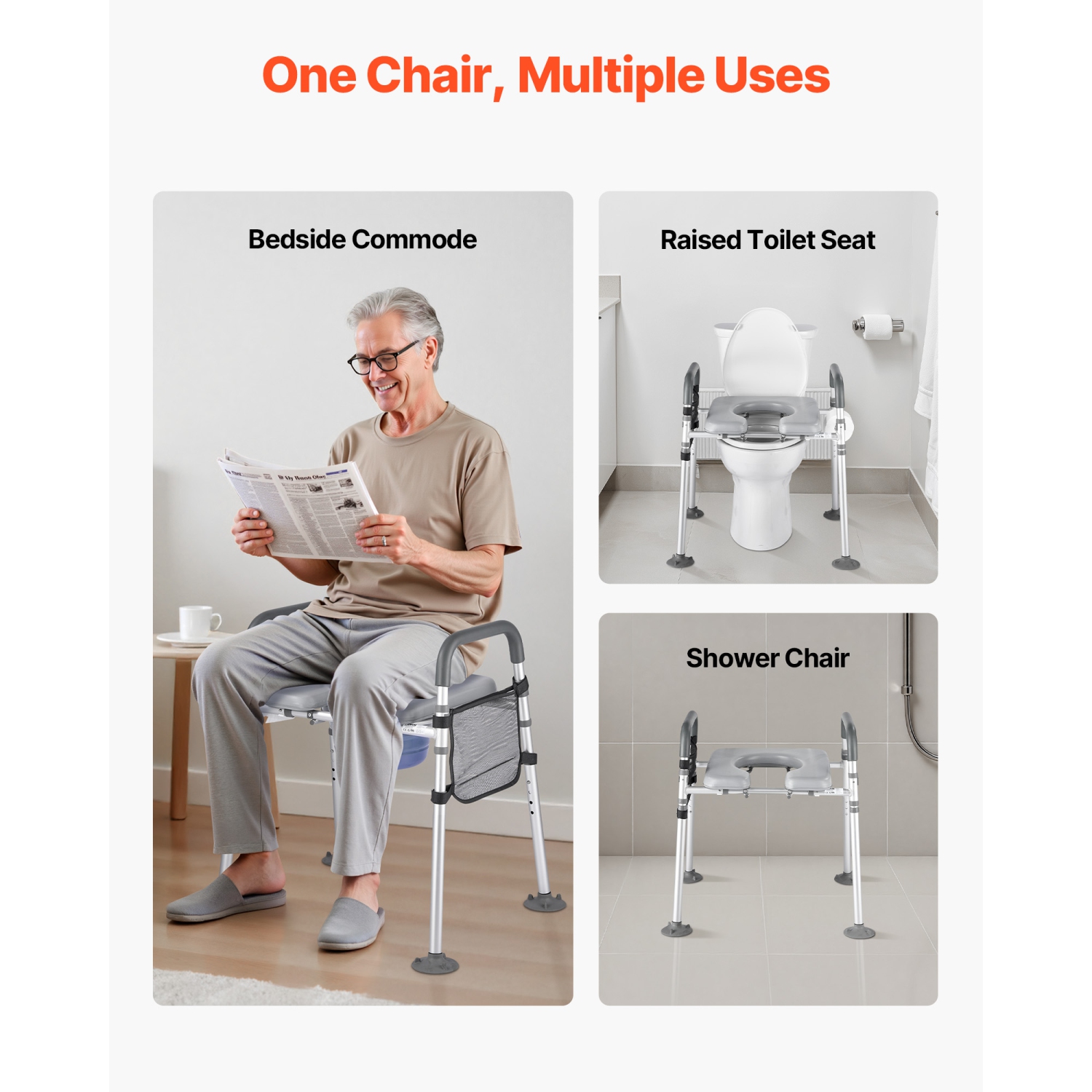 VEVOR 500 lbs Capacity Bedside Commode Chair, 4-in-1 Portable Toilet and Raised Toilet Seat with Padded Seat & Armrest, Detachable 5L Bucket,