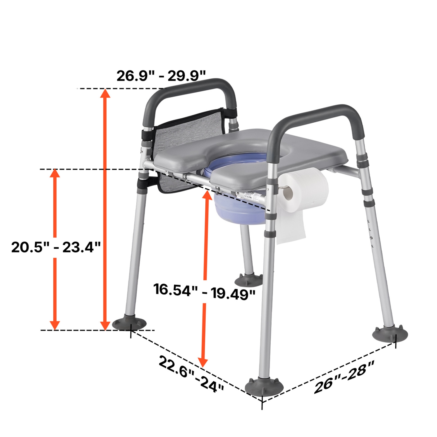 VEVOR 500 lbs Capacity Bedside Commode Chair, 4-in-1 Portable Toilet and Raised Toilet Seat with Padded Seat & Armrest, Detachable 5L Bucket,