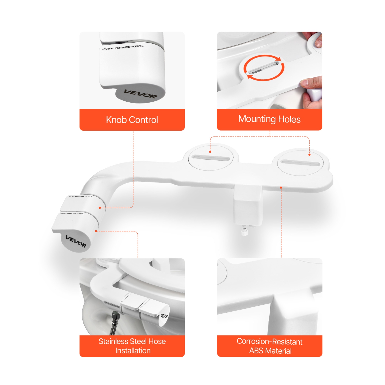 Accessoire de bidet VEVOR pour toilette, accessoire de siège de toilette bidet autonettoyant - deux buses rétractables, pression d'eau réglable,