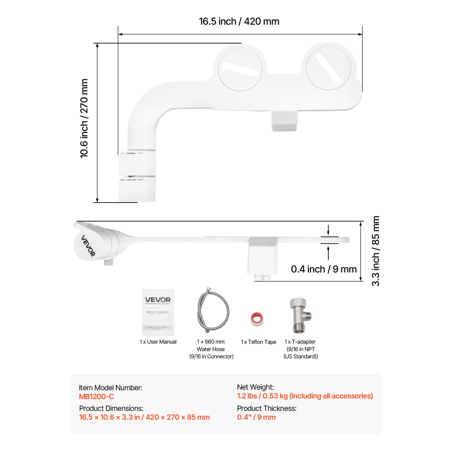 Accessoire de bidet VEVOR pour toilette, accessoire de siège de toilette bidet autonettoyant - deux buses rétractables, pression d'eau réglable,