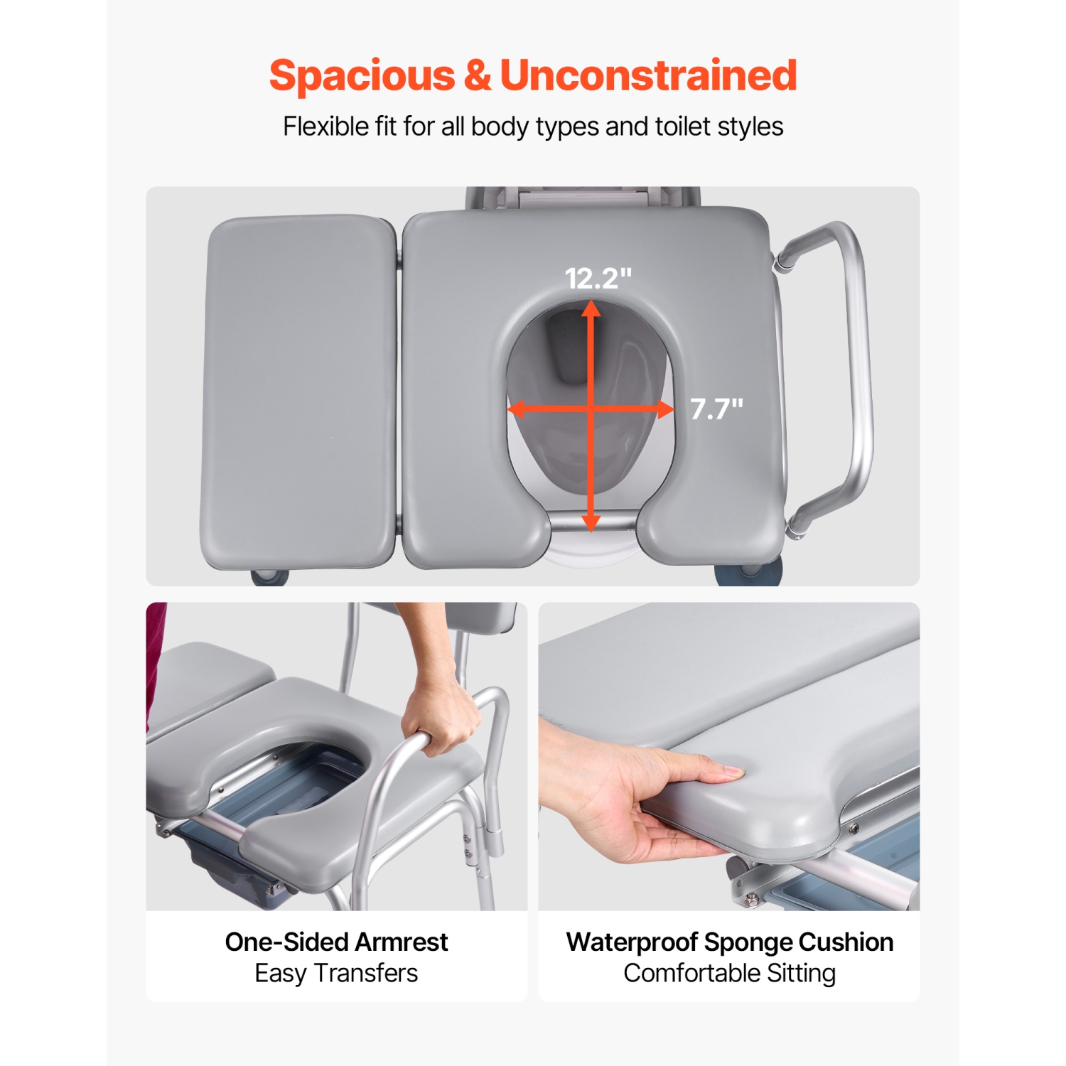 VEVOR 500 lbs Weight Capacity Bedside Commode Chair, 4-in-1 Portable Toilet and Raised Toilet Seat with Padded Seat and Backrest, Detachable 5L