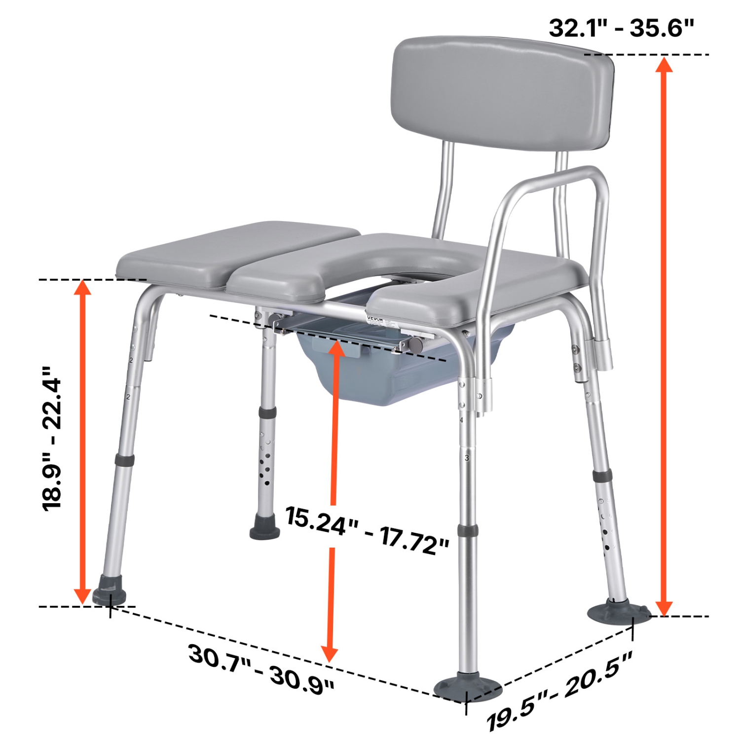VEVOR 500 lbs Weight Capacity Bedside Commode Chair, 4-in-1 Portable Toilet and Raised Toilet Seat with Padded Seat and Backrest, Detachable 5L