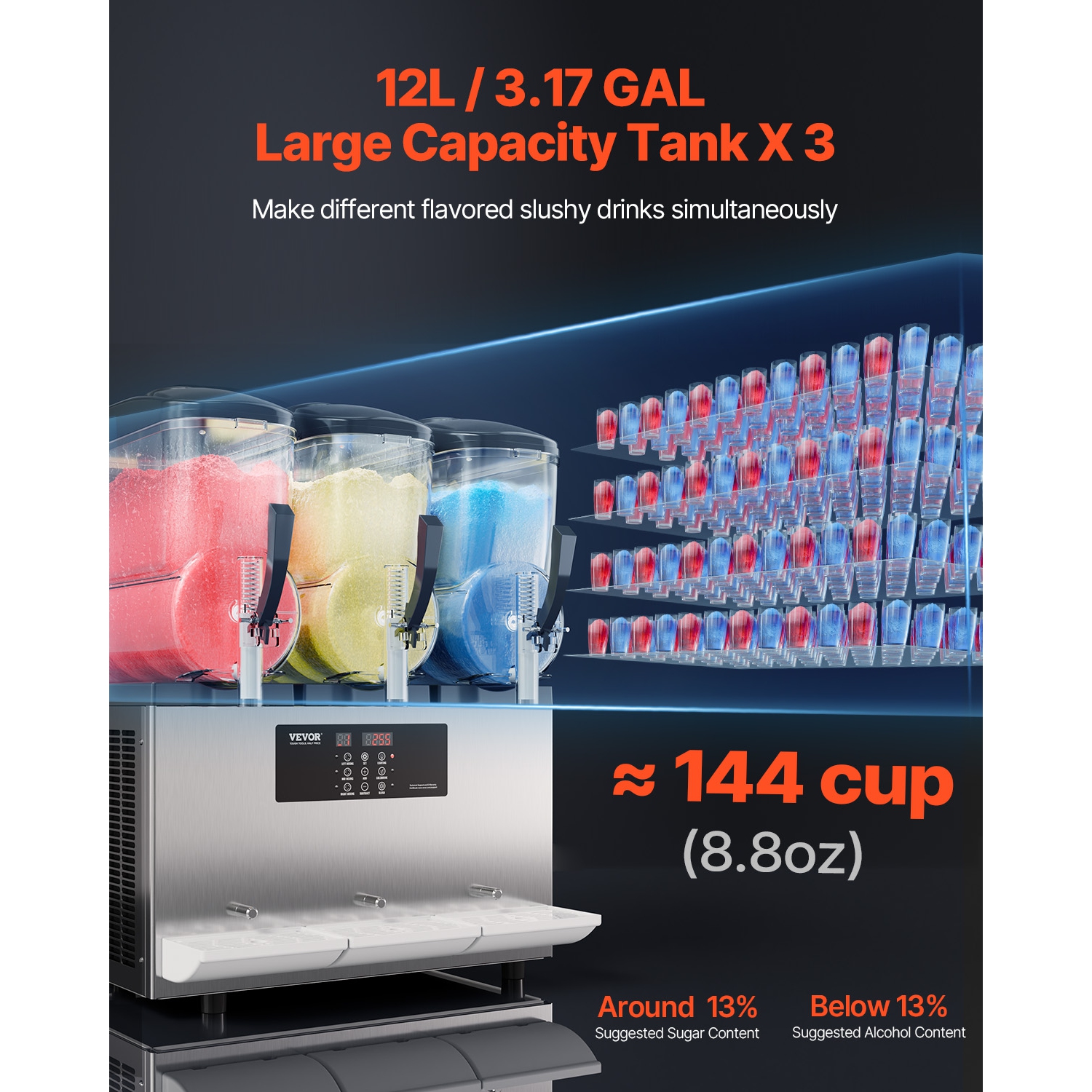 VEVOR 12Lx3 Commercial Slushy Machine,Triple Tank Frozen Drink Machine, 144 Cups Stainless Steel Margarita Smoothie Frozen Drink Maker, Slushie Maker
