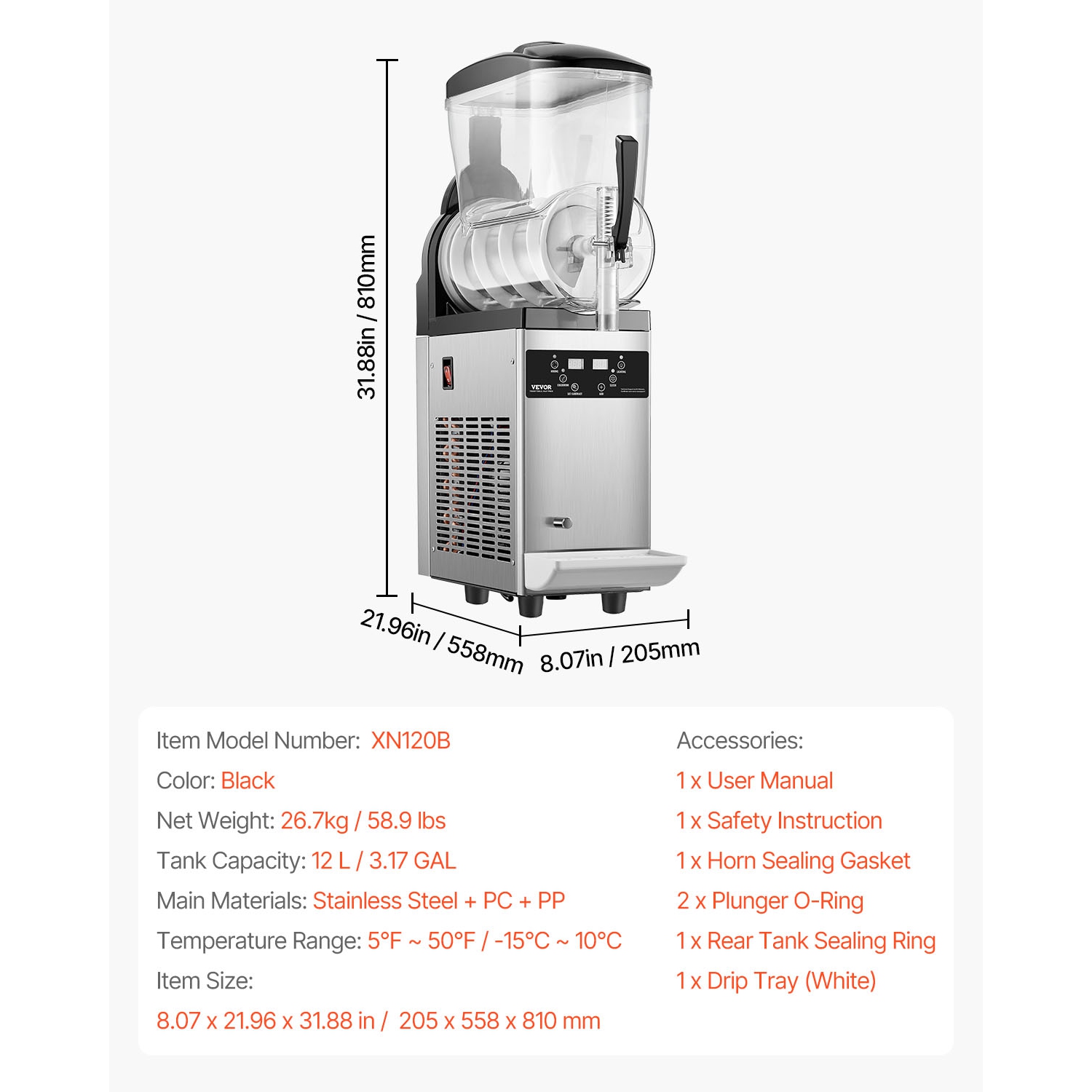 VEVOR 12L Commercial Slushy Machine, Single Tank Frozen Drink Machine, 48 Cups Stainless Steel Margarita Smoothie Frozen Drink Maker, Slushie Maker