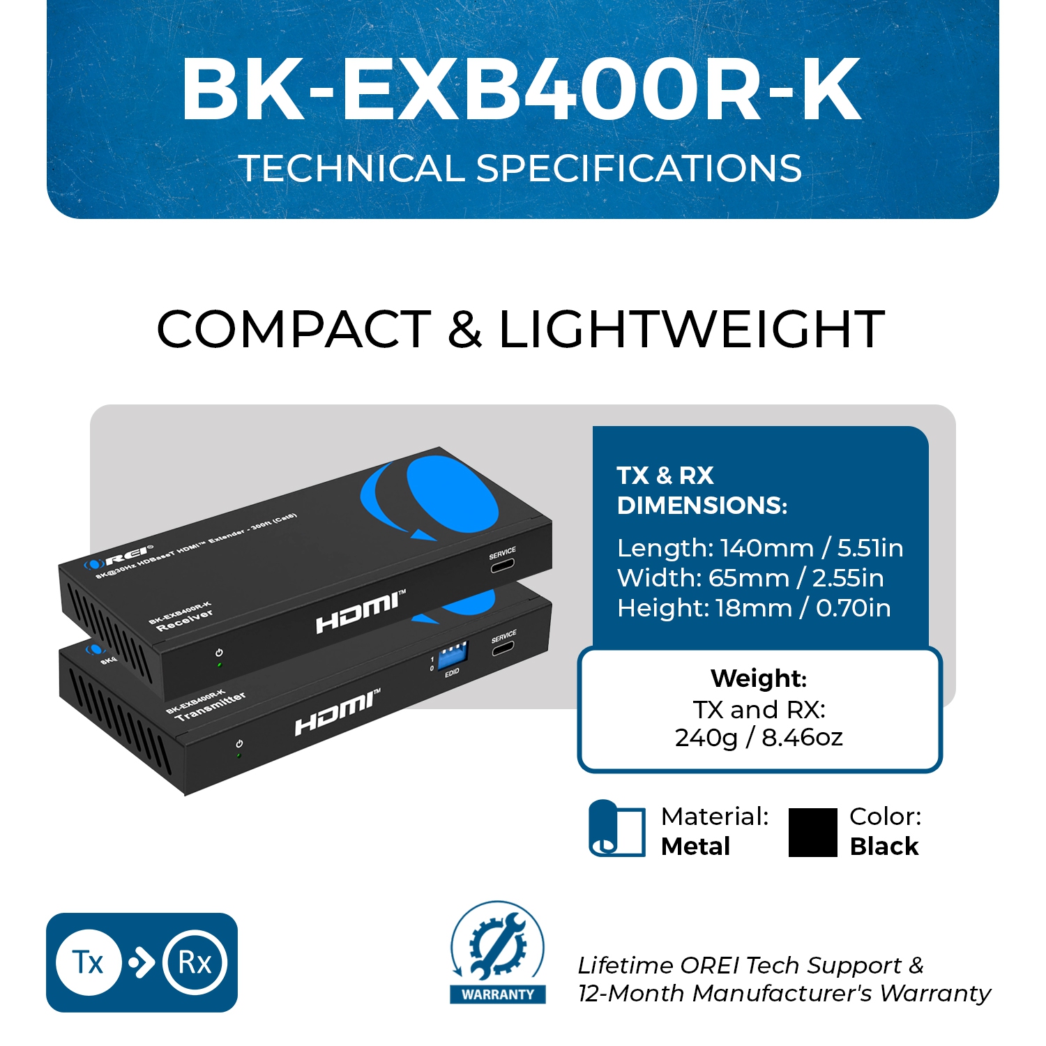 OREI – Prolongateur HDBaseT HDMI™ 8K@30 Hz - 300 pi (BK-EXB400R-K)