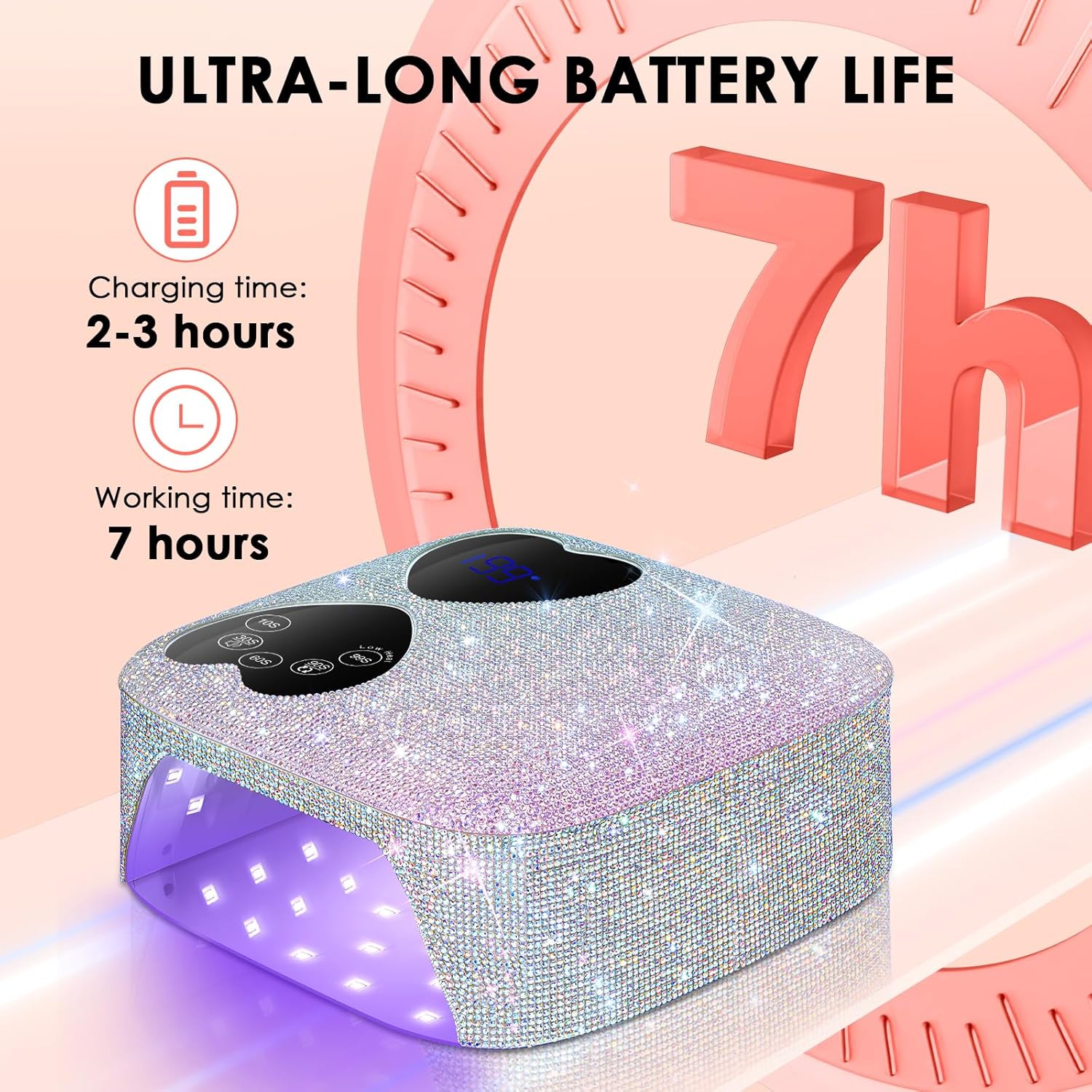 UV LED Nail Lamp Cordless,Rechargeable UV Light for Gel Nails,Professional Gel Light Dryer with 5 Timers,Sparkling Rhinestones Curing Lamp for Salon