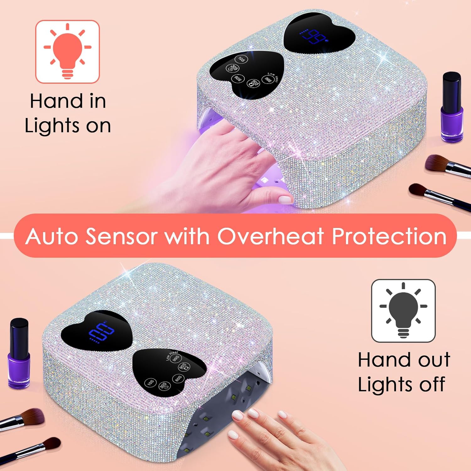 UV LED Nail Lamp Cordless,Rechargeable UV Light for Gel Nails,Professional Gel Light Dryer with 5 Timers,Sparkling Rhinestones Curing Lamp for Salon