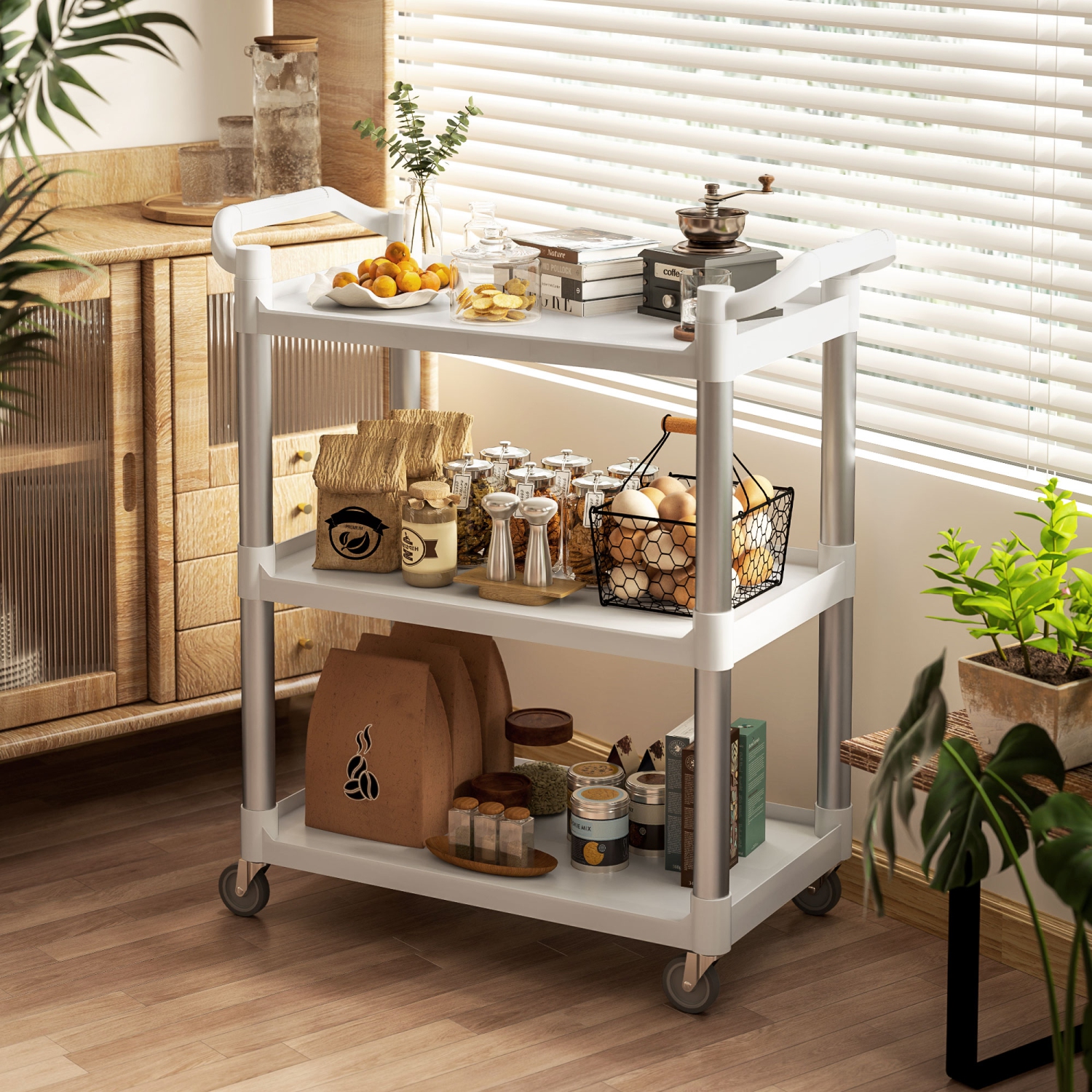 HOMCOM 3-Tier Utility Cart on Wheels, Rolling Kitchen Cart with Handles for Living Room, Bathroom, Silver and White