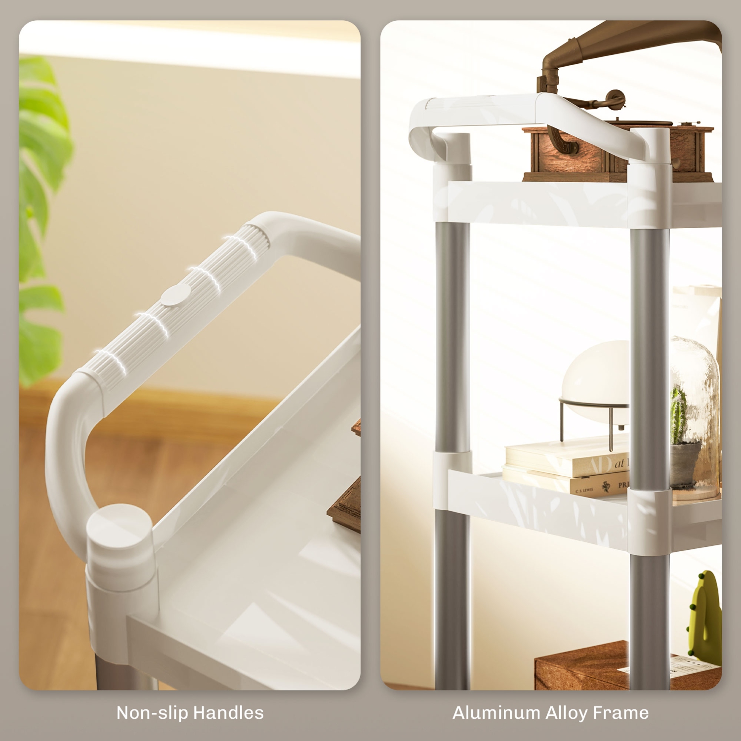 HOMCOM 3-Tier Utility Cart on Wheels, Rolling Kitchen Cart with Handles for Living Room, Bathroom, Silver and White