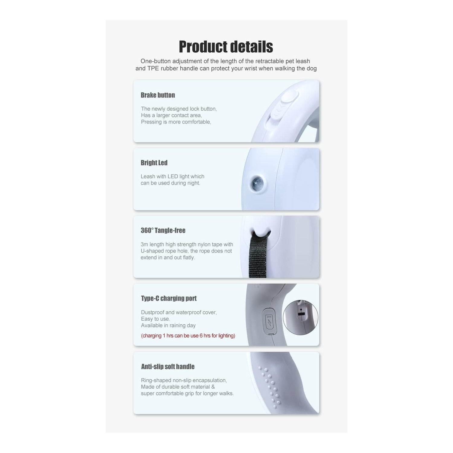 Multifunctional Automatic Retractable Dog Leash - 3M, LED Light, Poop Bag Holder, Non-Slip Handle, USB Rechargeable, 360° Tangle-Free Design,