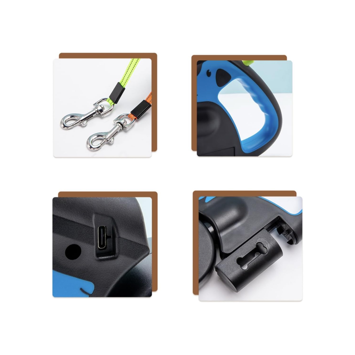 Laisse rétractable double pour chiens 3 M, légère intégrée LED, courroie en nylon robuste, 30 kg poignée ergonomique et modèle compact