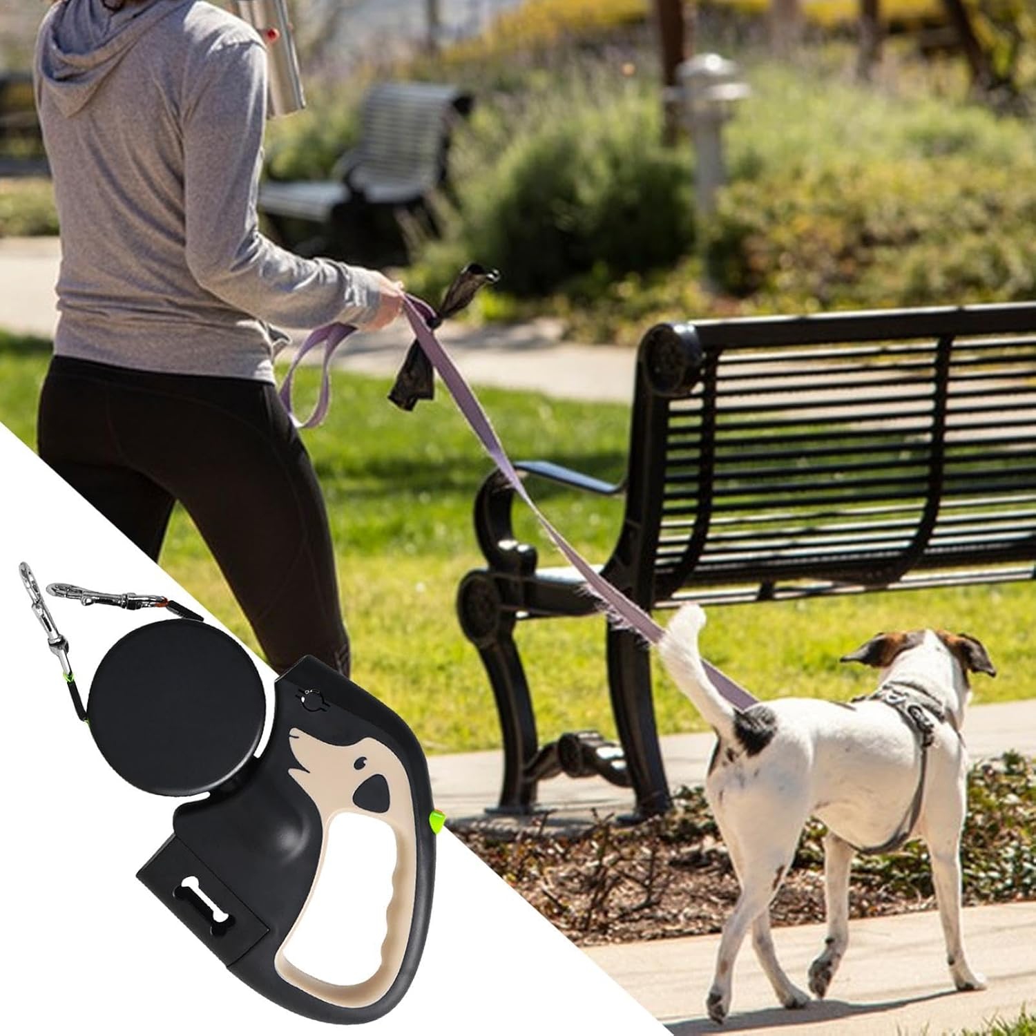 Laisse rétractable double pour chiens 3 M, légère intégrée LED, courroie en nylon robuste, 30 kg poignée ergonomique et modèle compact