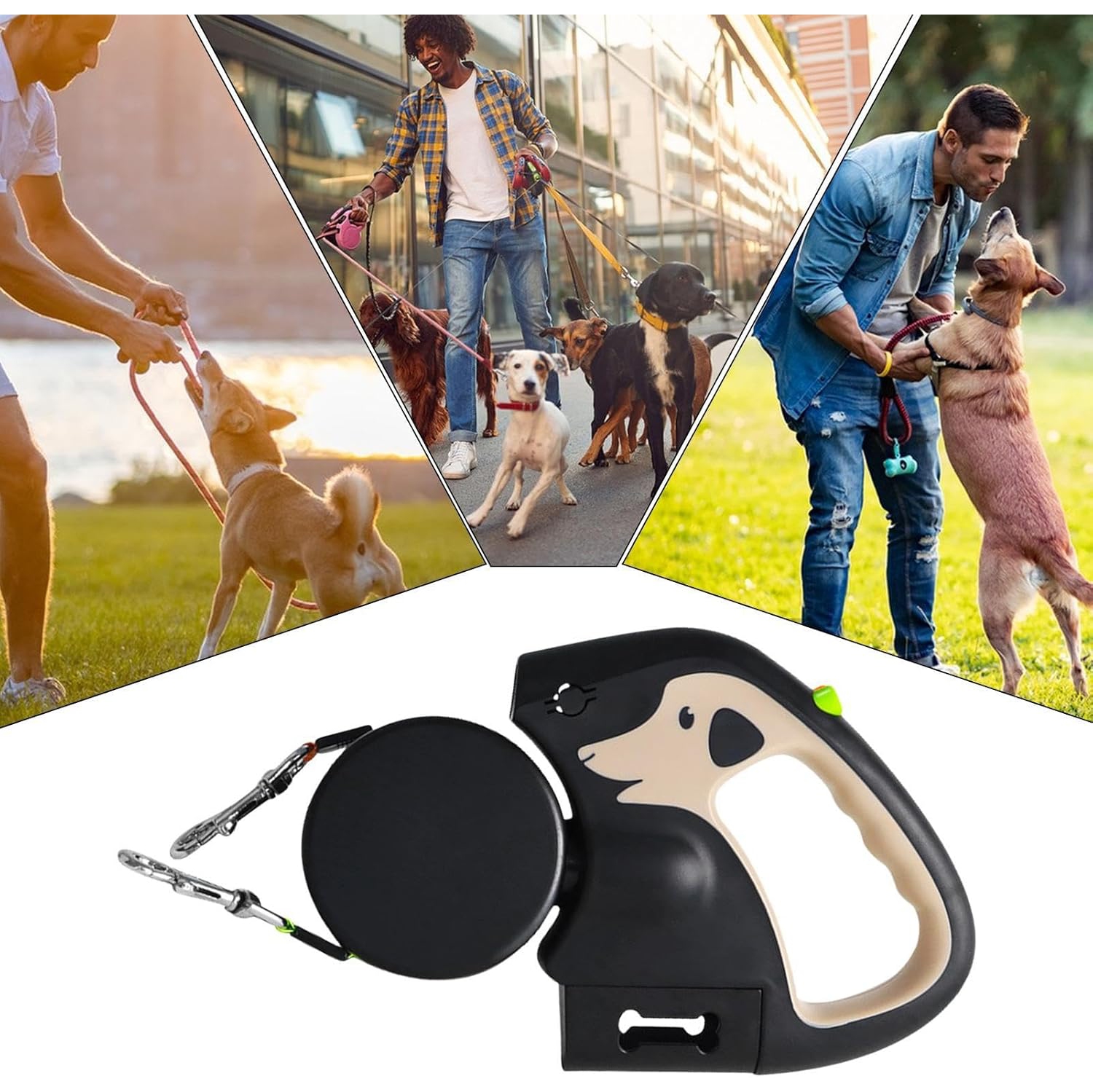 Laisse rétractable double pour chiens 3 M, légère intégrée LED, courroie en nylon robuste, 30 kg poignée ergonomique et modèle compact