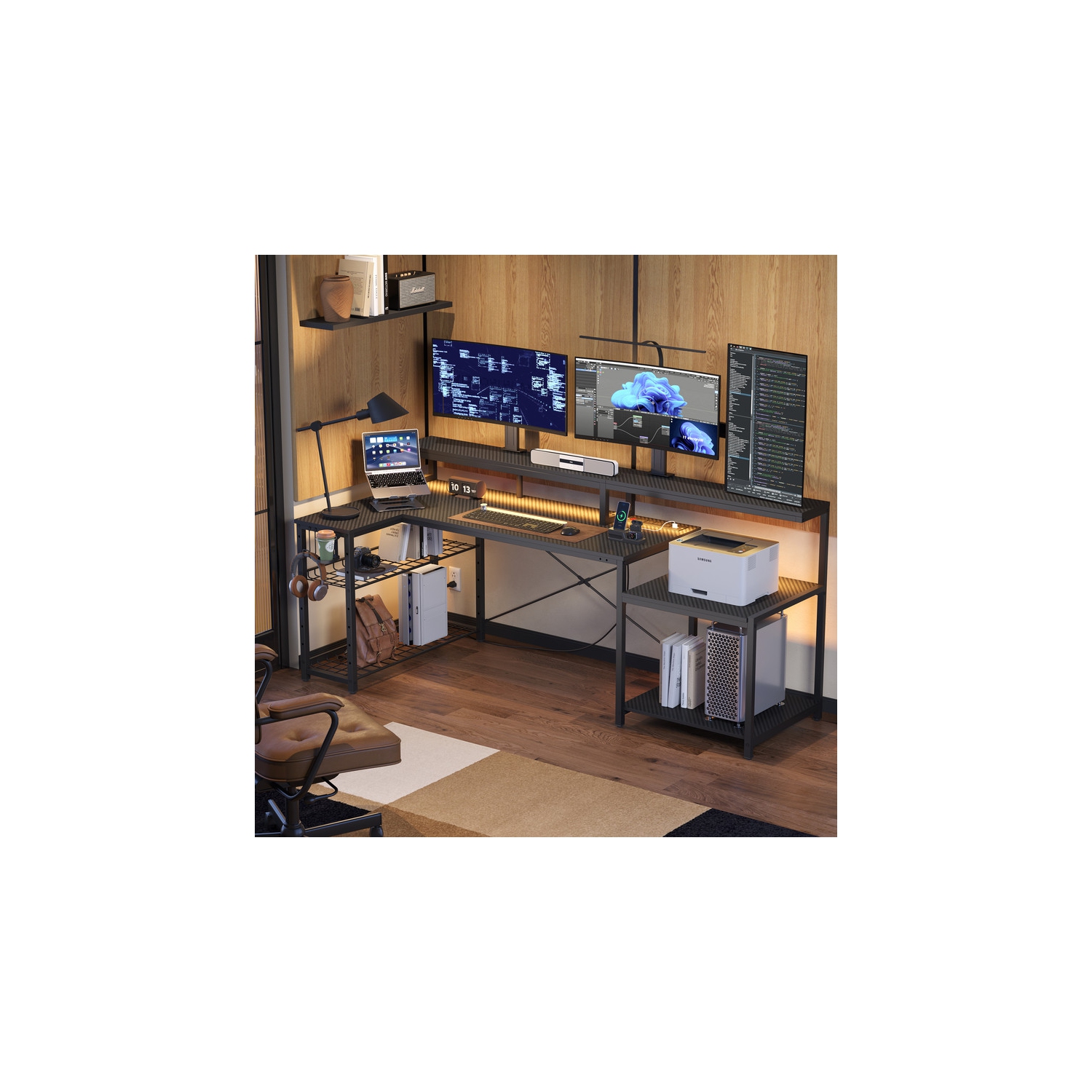 Bestier – Bureau de jeu LED de 71,5&nbsp;po de largeur avec prise d'alimentation, bureau d'ordinateur en L avec support pour moniteur