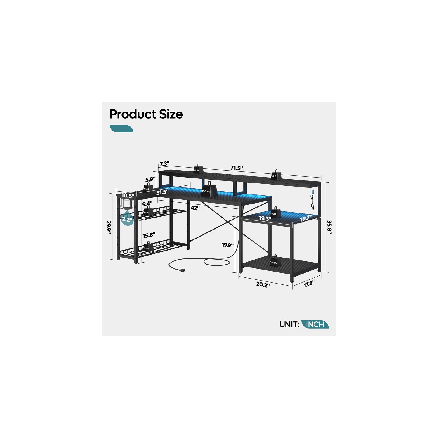 Bestier – Bureau de jeu LED de 71,5 po de largeur avec prise d'alimentation, bureau d'ordinateur en L avec support pour moniteur