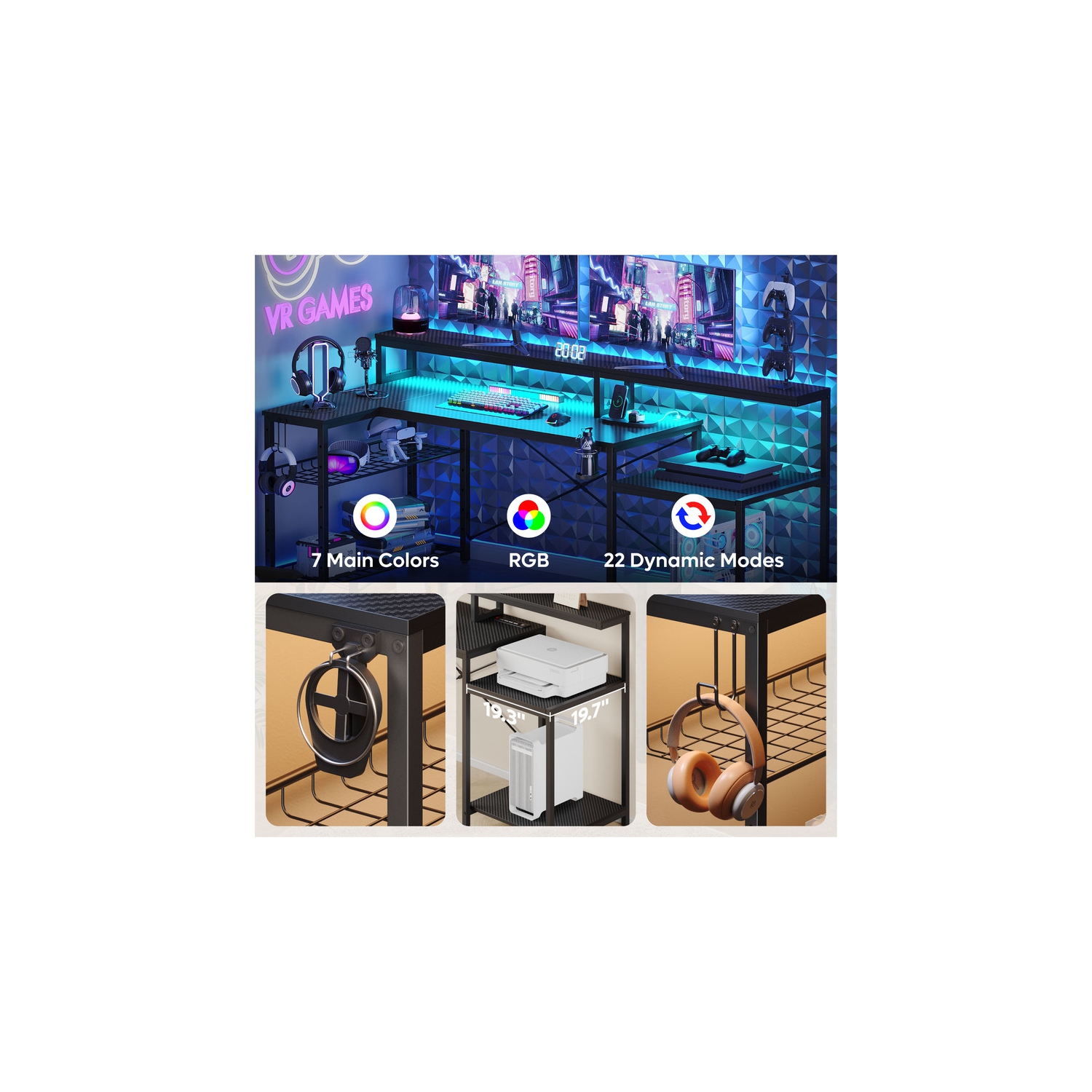 Bestier – Bureau de jeu LED de 71,5 po de largeur avec prise d'alimentation, bureau d'ordinateur en L avec support pour moniteur