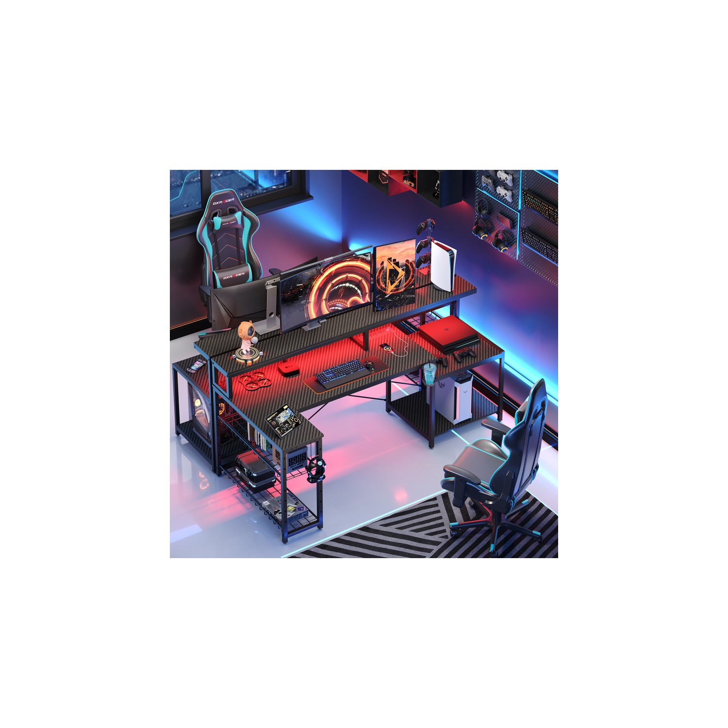 Bestier – Bureau de jeu LED de 71,5 po de largeur avec prise d'alimentation, bureau d'ordinateur en L avec support pour moniteur